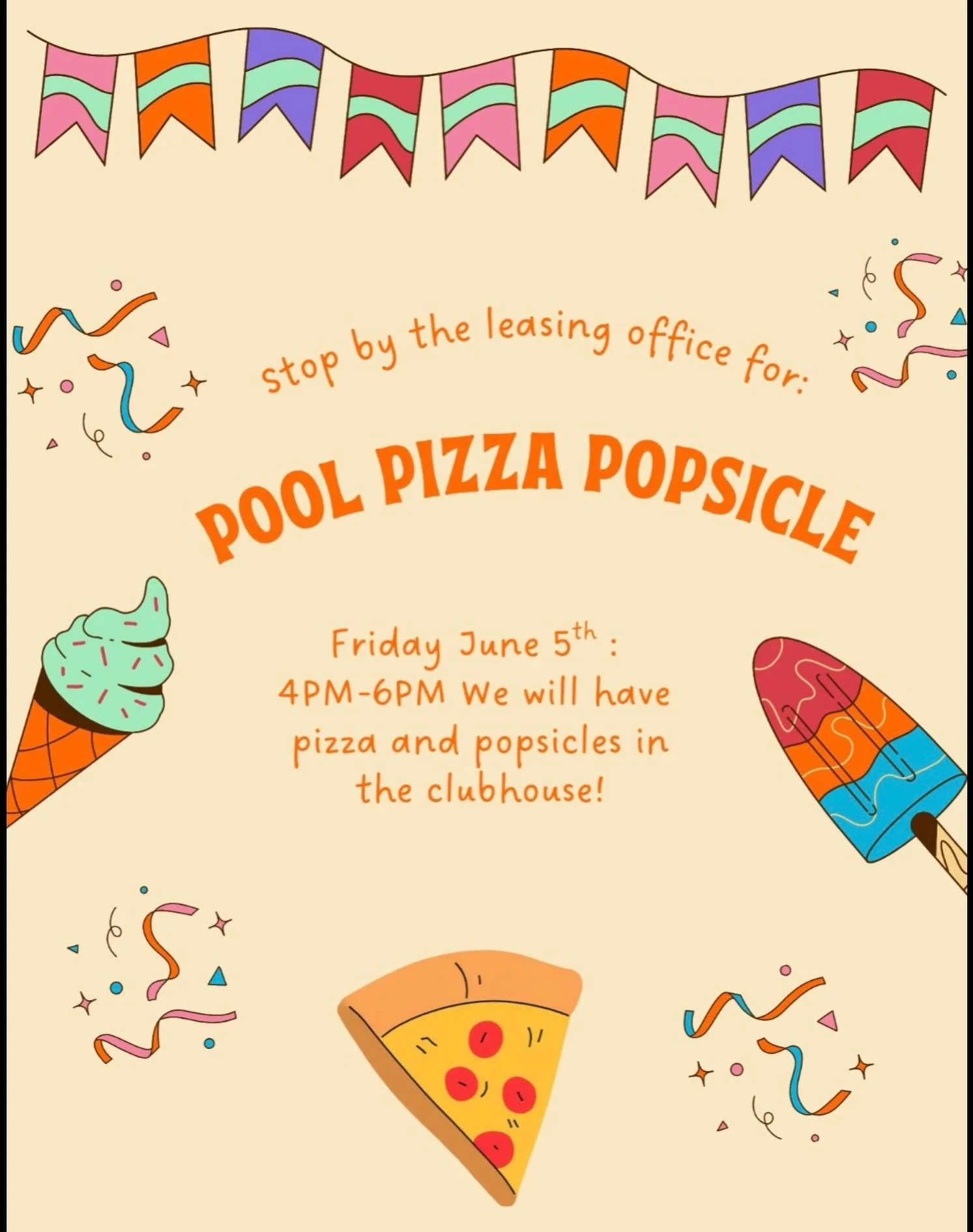 The ultimate summer combo is here: Pizza + Popsicles + Pool! ☀️🍕🍦

Join us Friday June 5th, from 4:00-6:00PM! See you there!