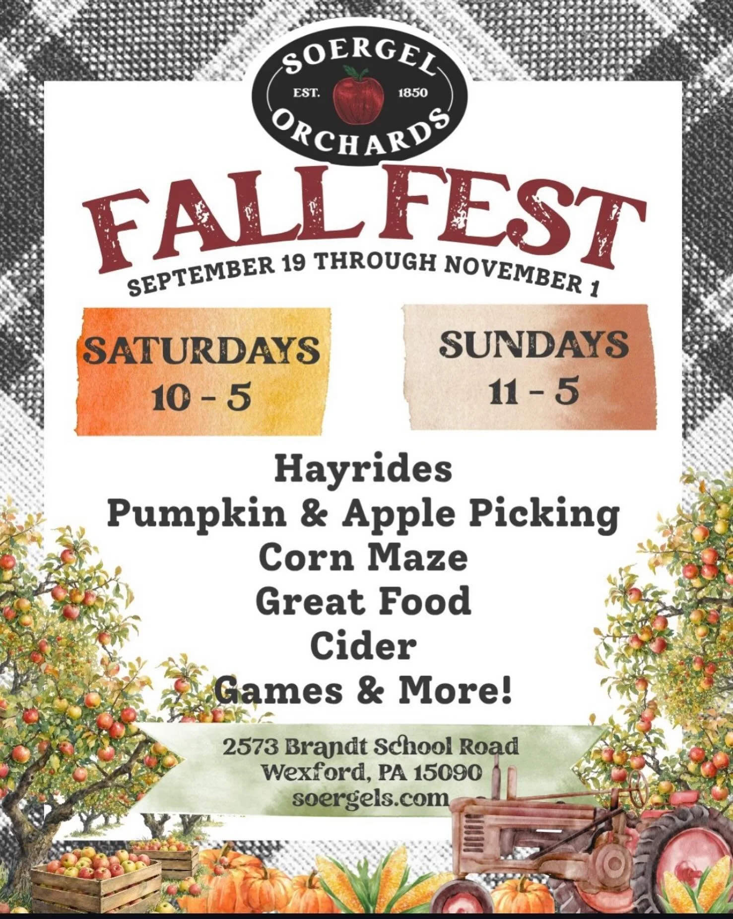Fall Festivals at Soergel Orchards will run every Saturday from 10-5PM and Sunday from 11-5PM. 

Will run every weekend until November 1st! 

🍎🍂🍻🍁