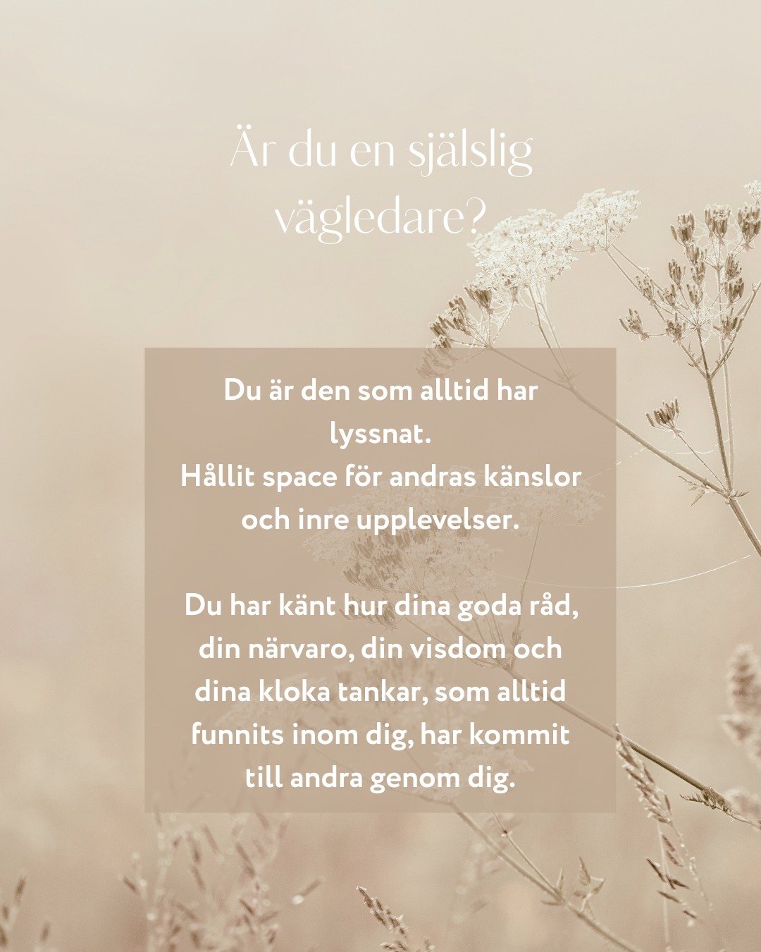&Auml;r du en sj&auml;lslig v&auml;gledare?

Du &auml;r den som alltid har lyssnat.
H&aring;llit space f&ouml;r andras k&auml;nslor och inre upplevelser.
Du har k&auml;nt hur dina goda r&aring;d, din n&auml;rvaro, din visdom och dina kloka tankar, so