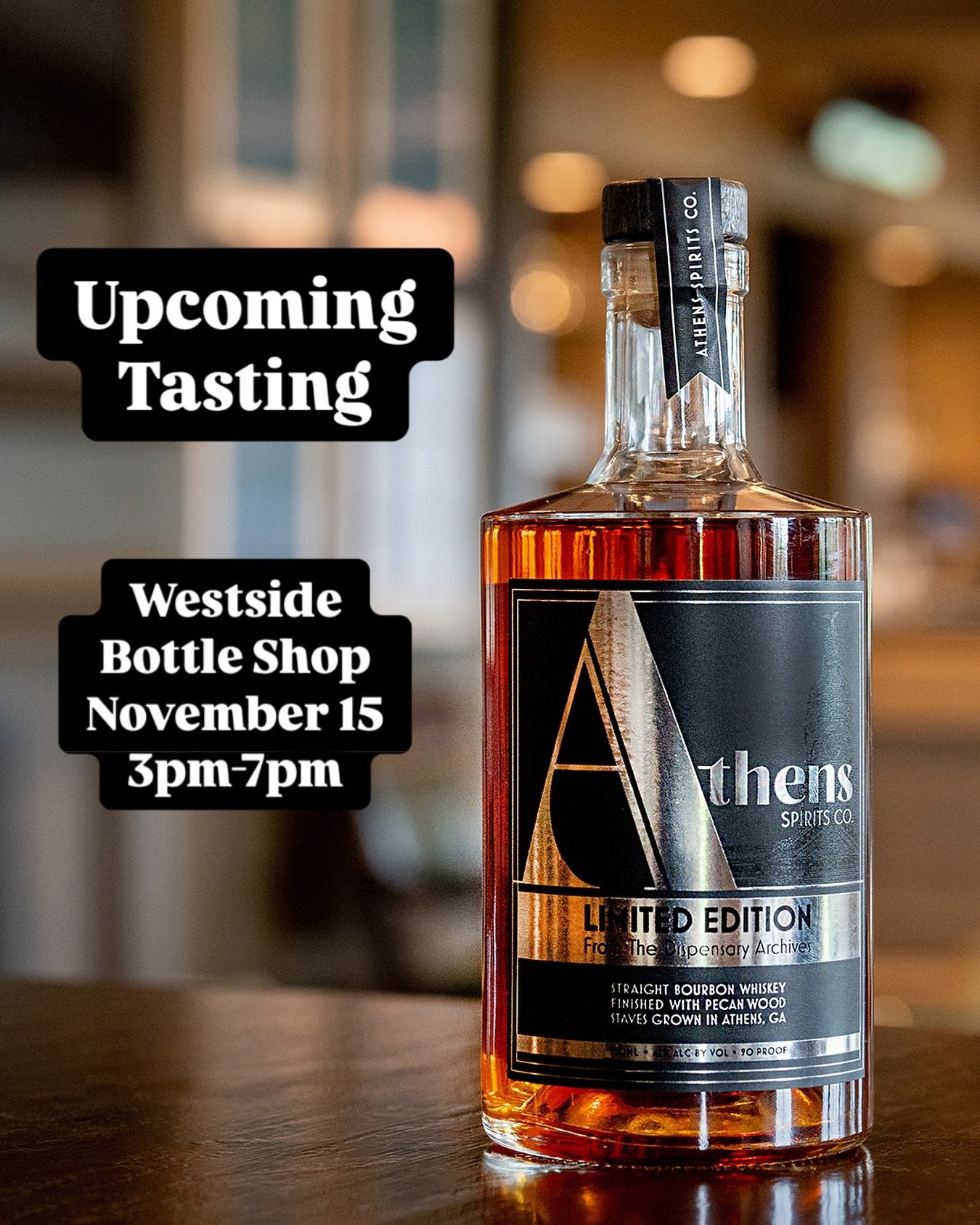 FREE TASTING EVENT!

Come try our ATHENS&trade;️ Limited Edition Bourbon at @westsidebottleshop on November 15th from 3pm to 7pm 🥃 free swag with every purchase. Come stock up before the Tennessee game! 

#bourbon #ugavstenn #athensga #truespiritofa