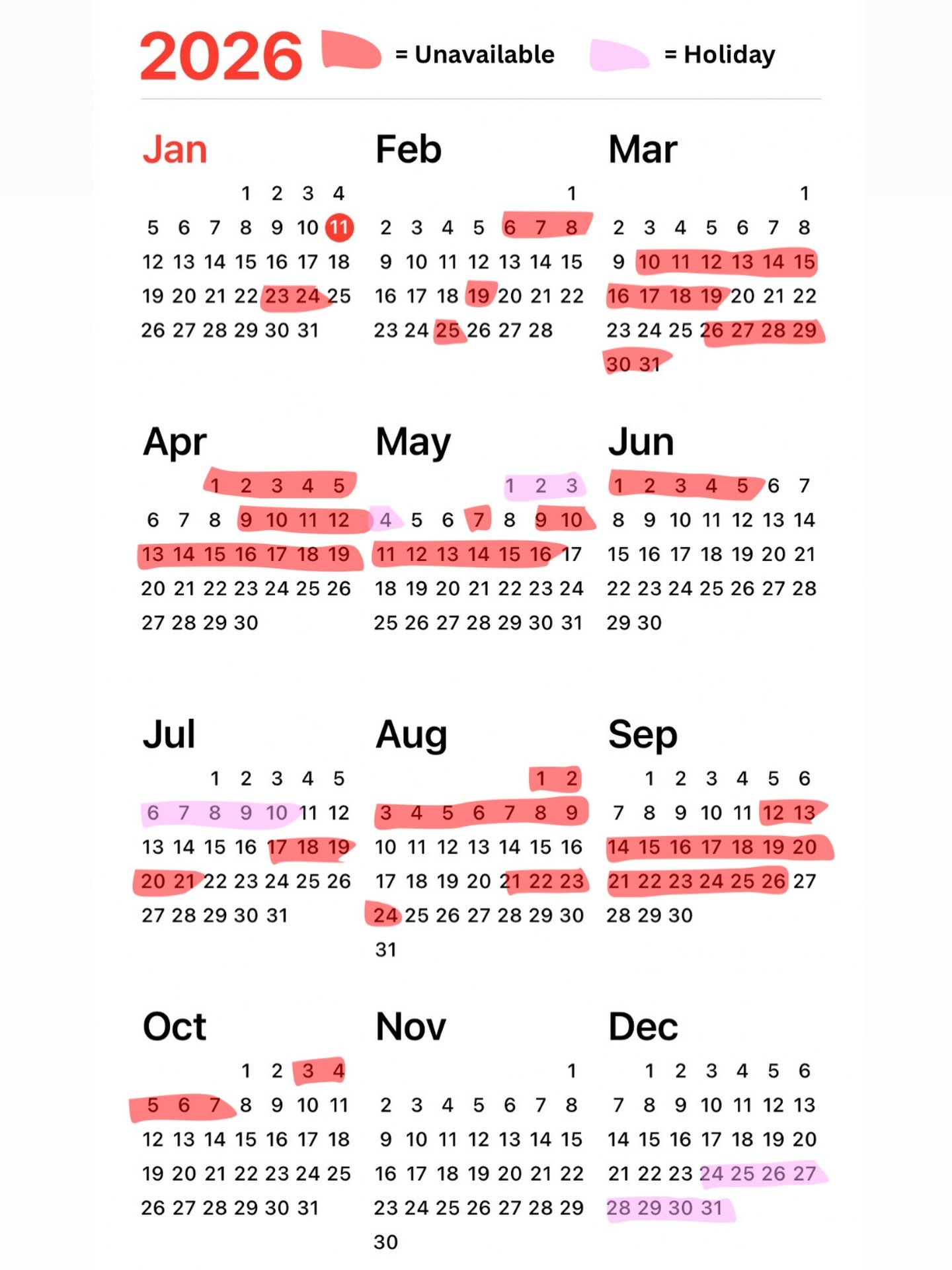 This is our 2026 pet sitting calendar! This also includes our current holiday for the year so please keep note / refer back to this when necessary! 

If you are looking for pet sitting (overnight, day sits etc.) please use this to check our availabil