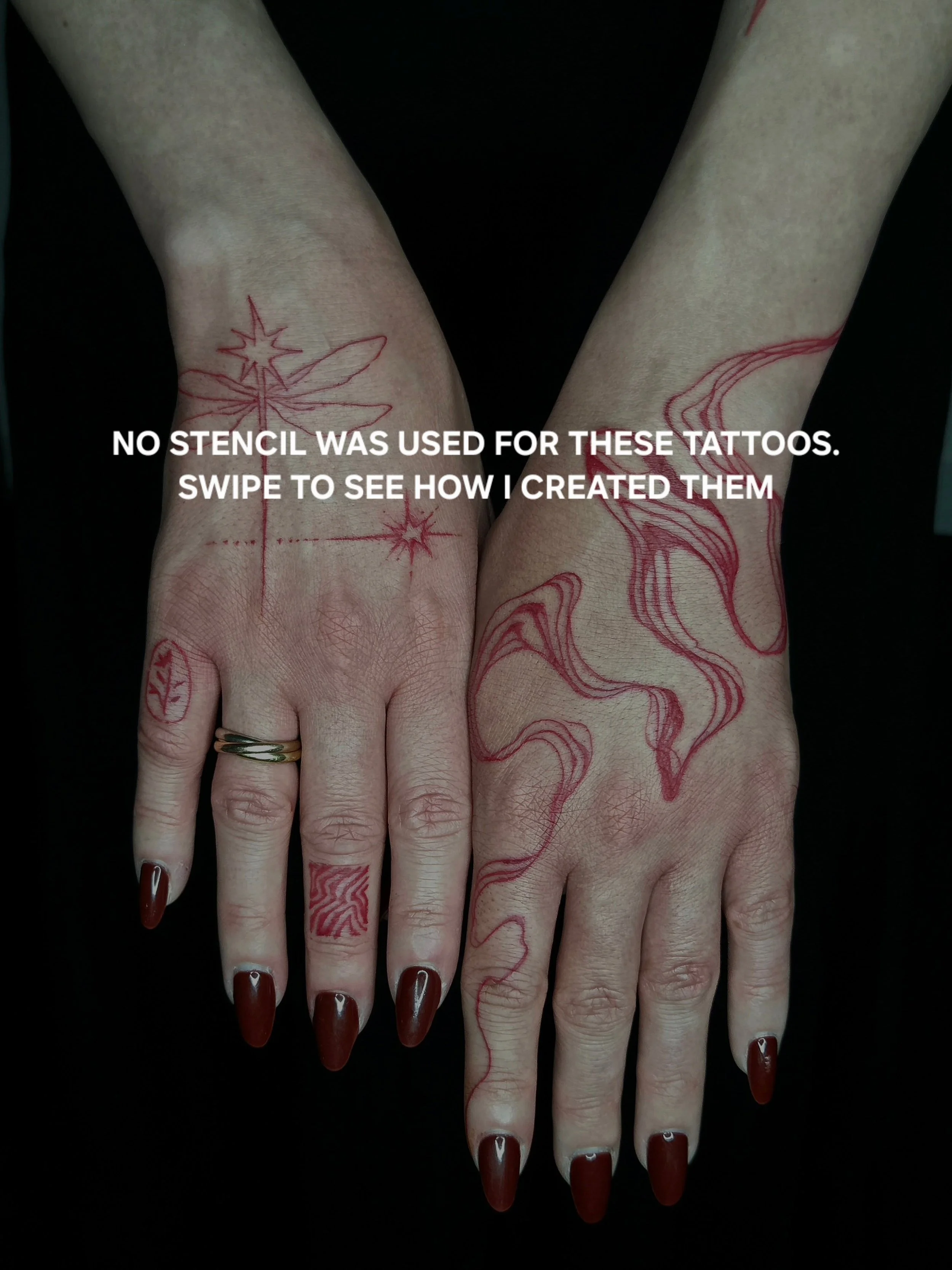 Everything was drawn freehand in red tattoo ink, keeping the sticker style consistency throughout all of her designs. A collaboration of ideas inspired by the clients references and the direction I am transition towards.

Fluid movements based around