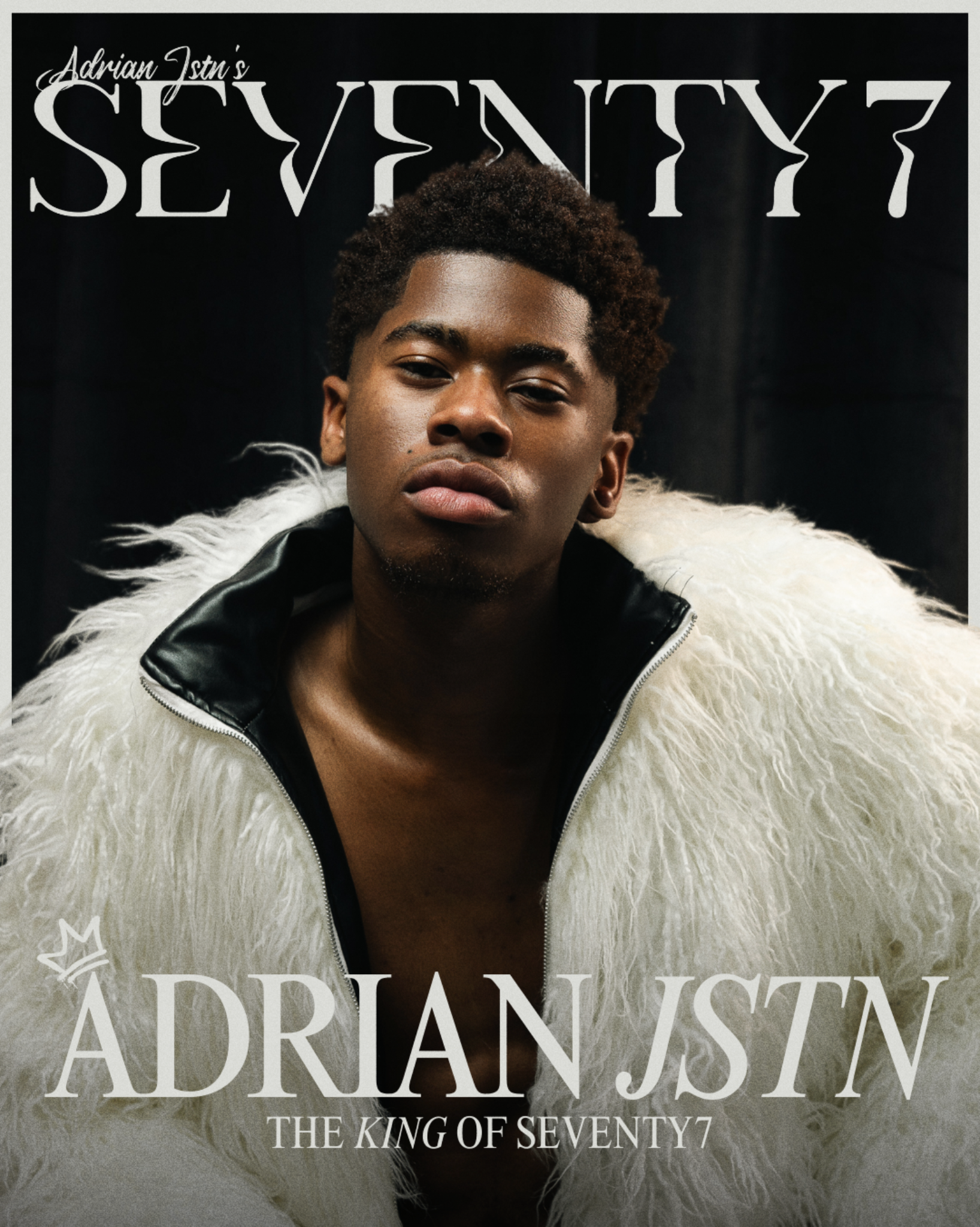 Album cover featuring a young man with short curly hair, wearing a white faux fur jacket with a black collar, against a dark background. Text at the top reads 'Adrian Jstn's SEVENTY7', and at the bottom, it says 'ADRIAN JSTN THE KING OF SEVENTY7'.
