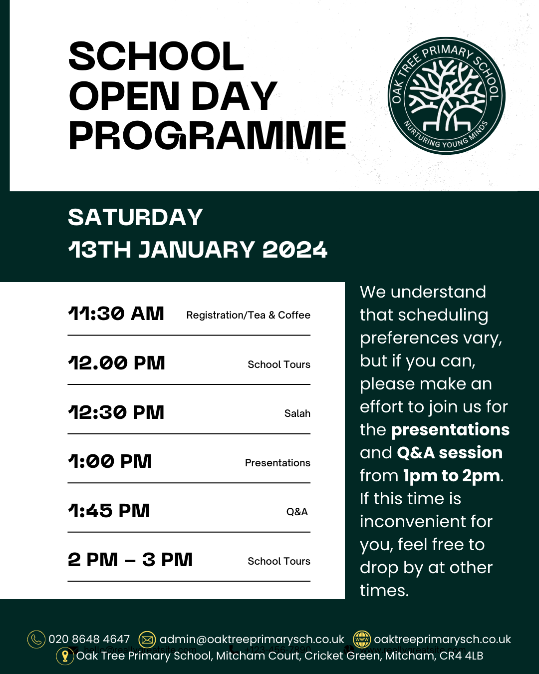 School Open Day Programme — Oak Tree Primary School