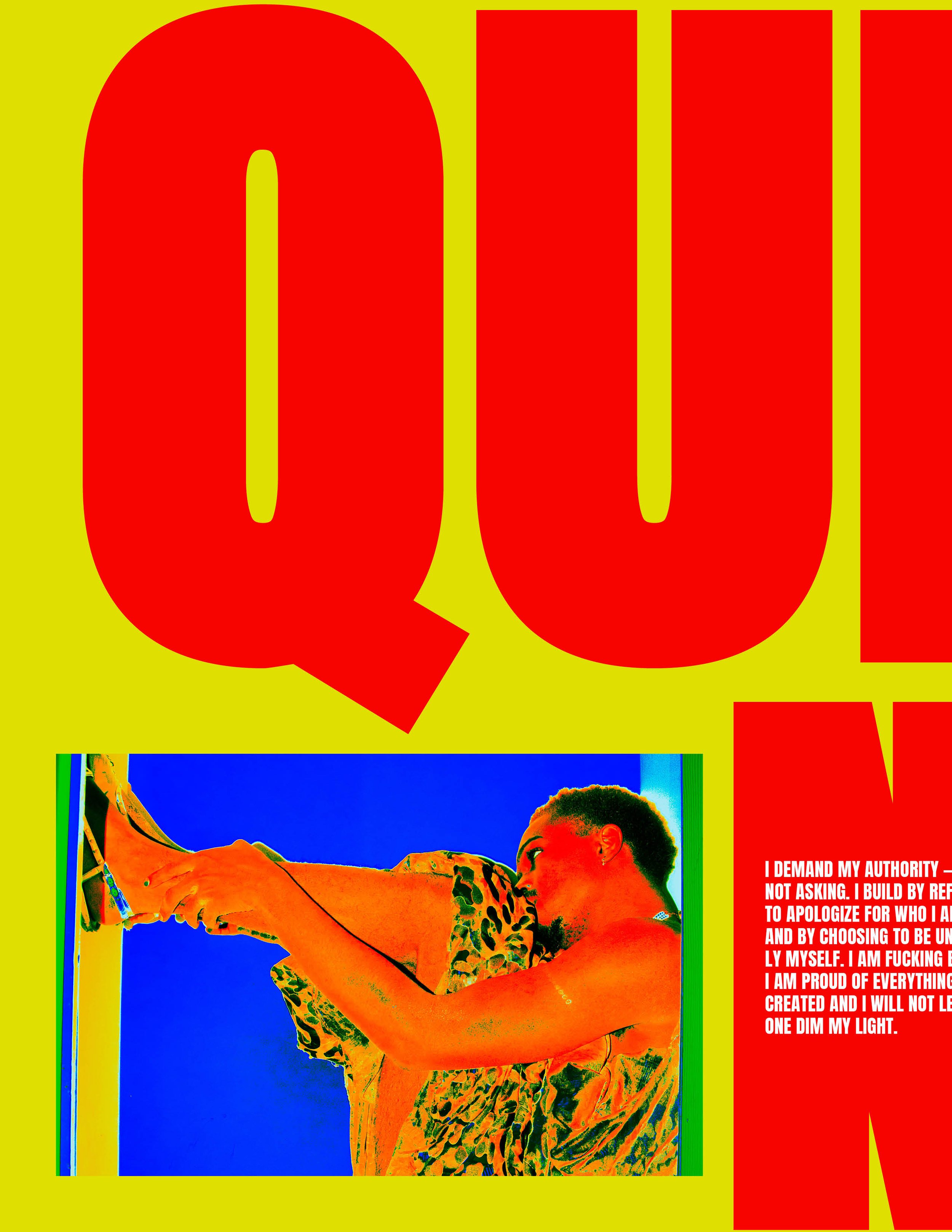 Colorful magazine cover with large red letters spelling "QUL" and a small, vibrant photo of a person with a short haircut, wearing a patterned outfit, sitting on the floor with legs extended. There is a block of white text on a red background next to