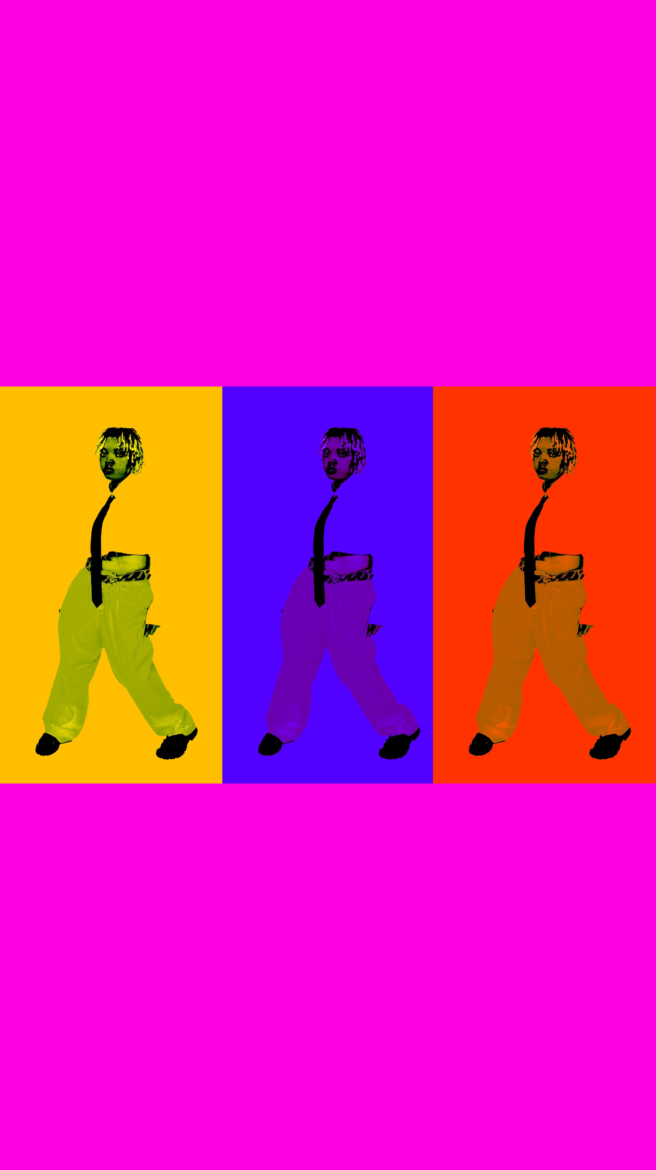 A digitally altered image with three side-by-side photos of a person in baggy pants, a t-shirt, and a tie, each with a different colored background and hue effect, resembling pop art style.