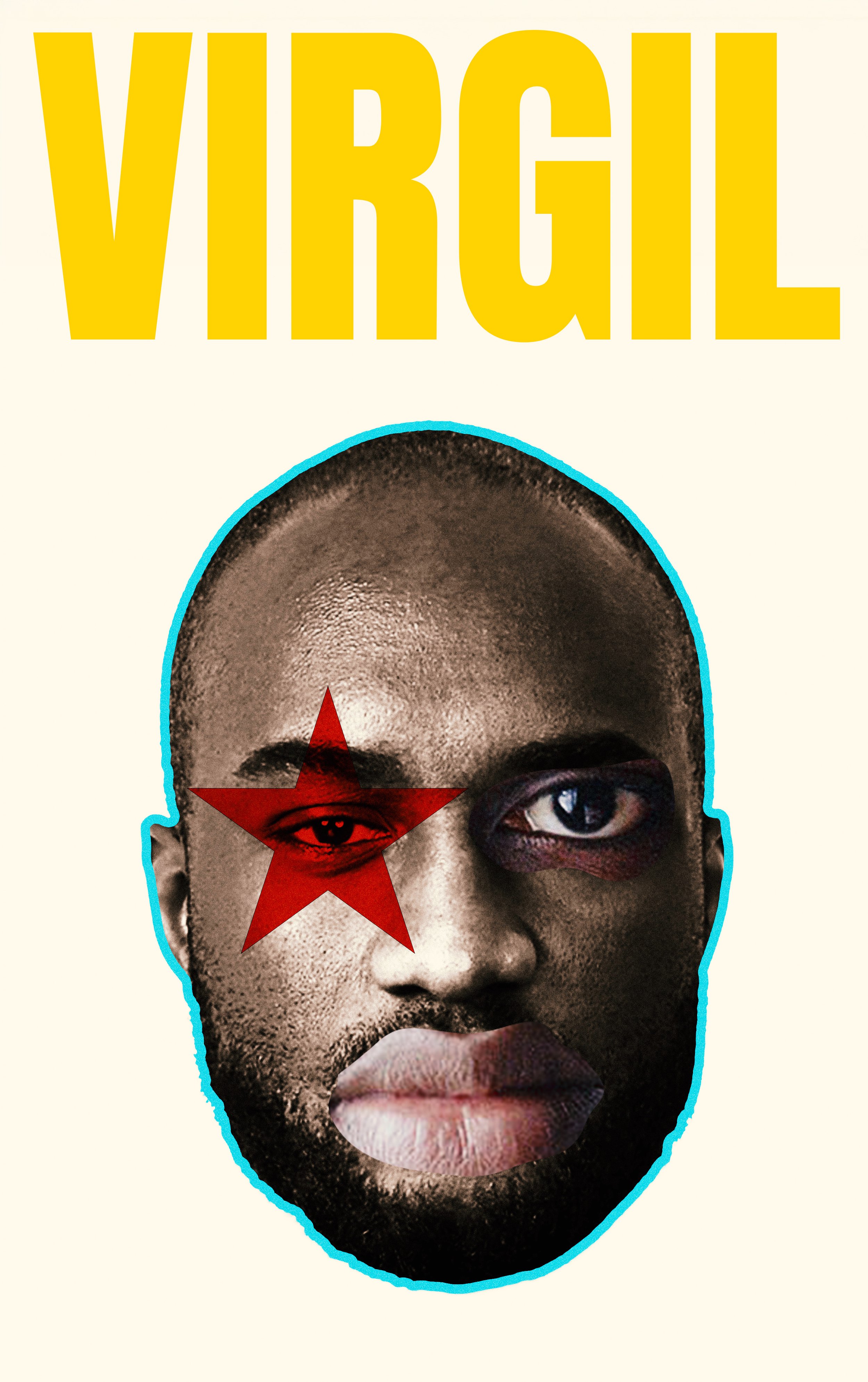 Close-up of a person with a bald head, full beard, and brown skin, with a red star over the left eye and a purple eye patch over the right eye, against a light background with bold yellow text reading 'VIRGIL'.