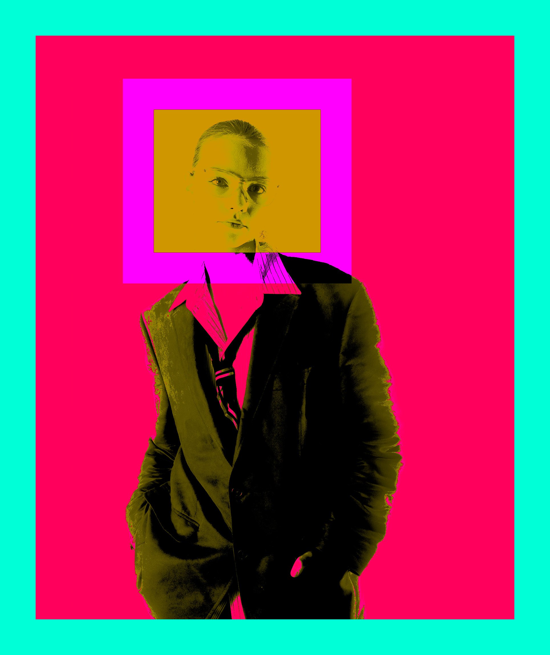 A digitally altered image of a person with leaning posture, wearing a suit and tie, with text overlay that reads 'What is in this image? Respond in American English.' in colorful, vibrant background.