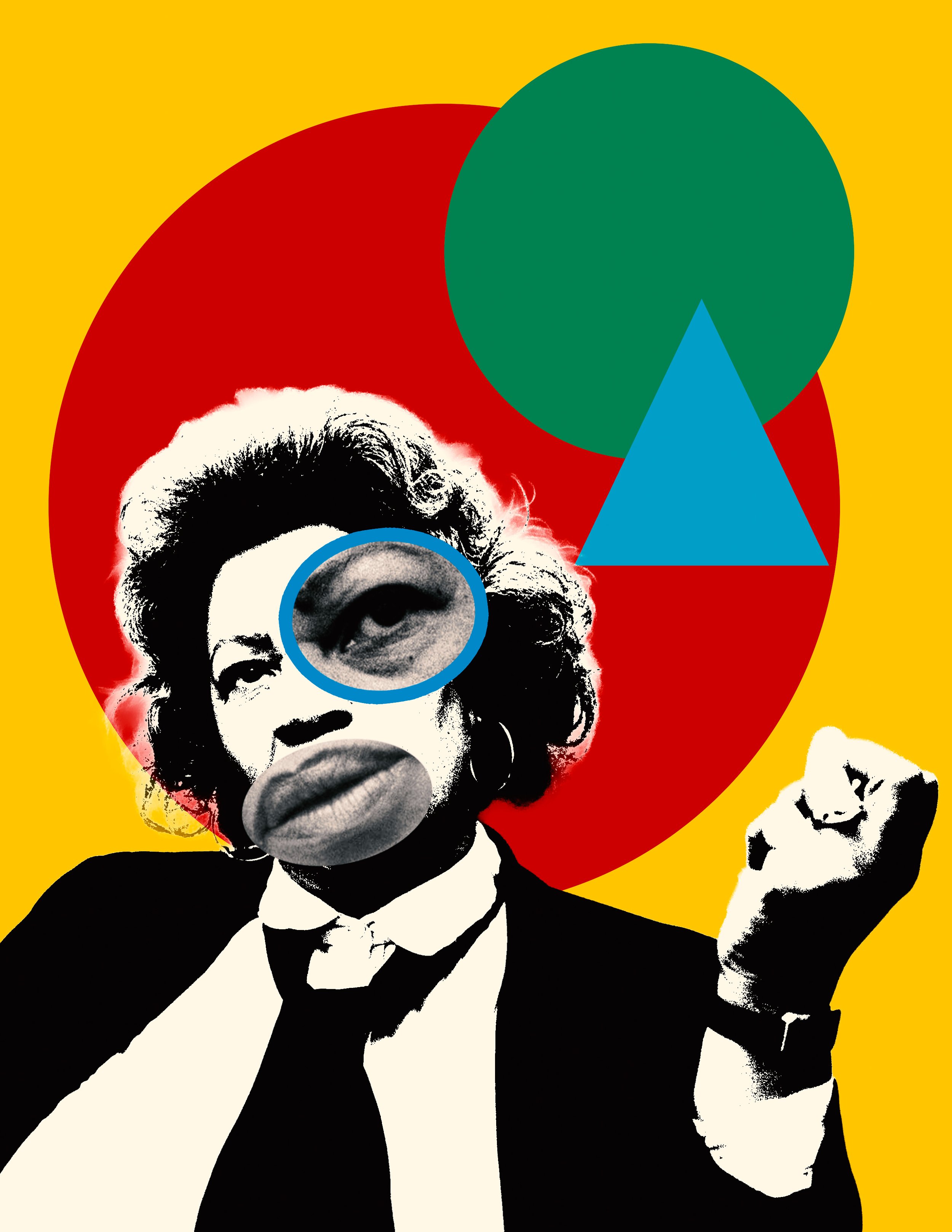 A stylized pop art portrait of a woman with a speech bubble covering her mouth, looking determined, with geometric shapes in the background including a green circle, a red circle, and a blue triangle, on a yellow background.