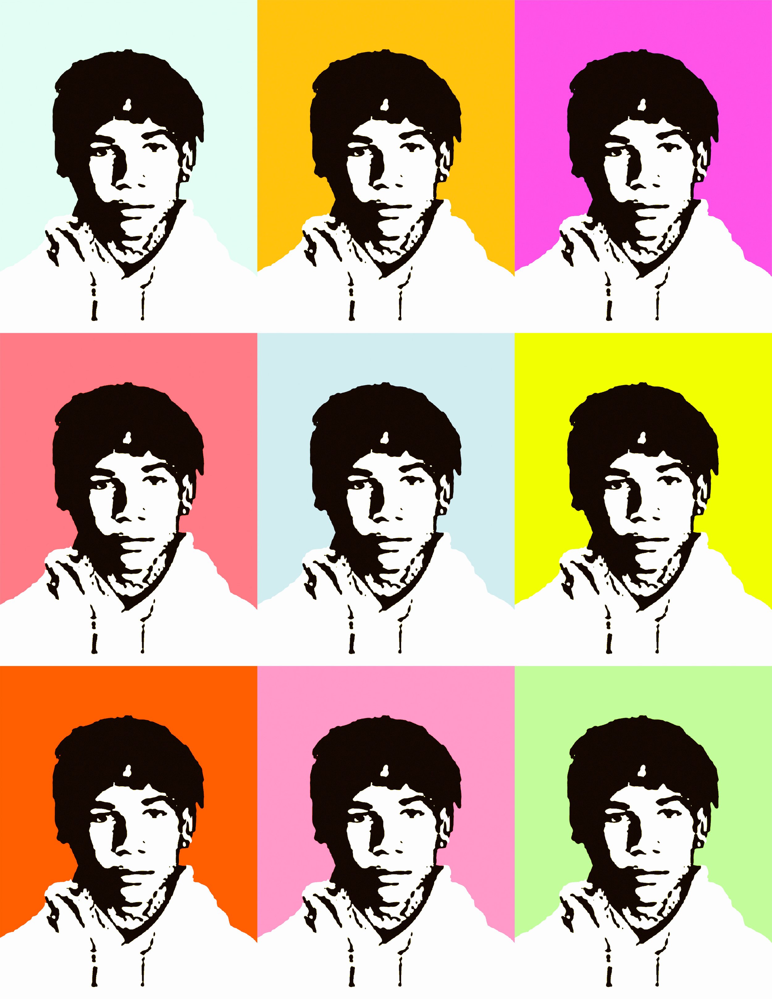 A colorful pop art collage of eight stylized black and white portraits of a person with short dark hair, each set against a different brightly colored background including light blue, yellow, pink, red, green, and orange.