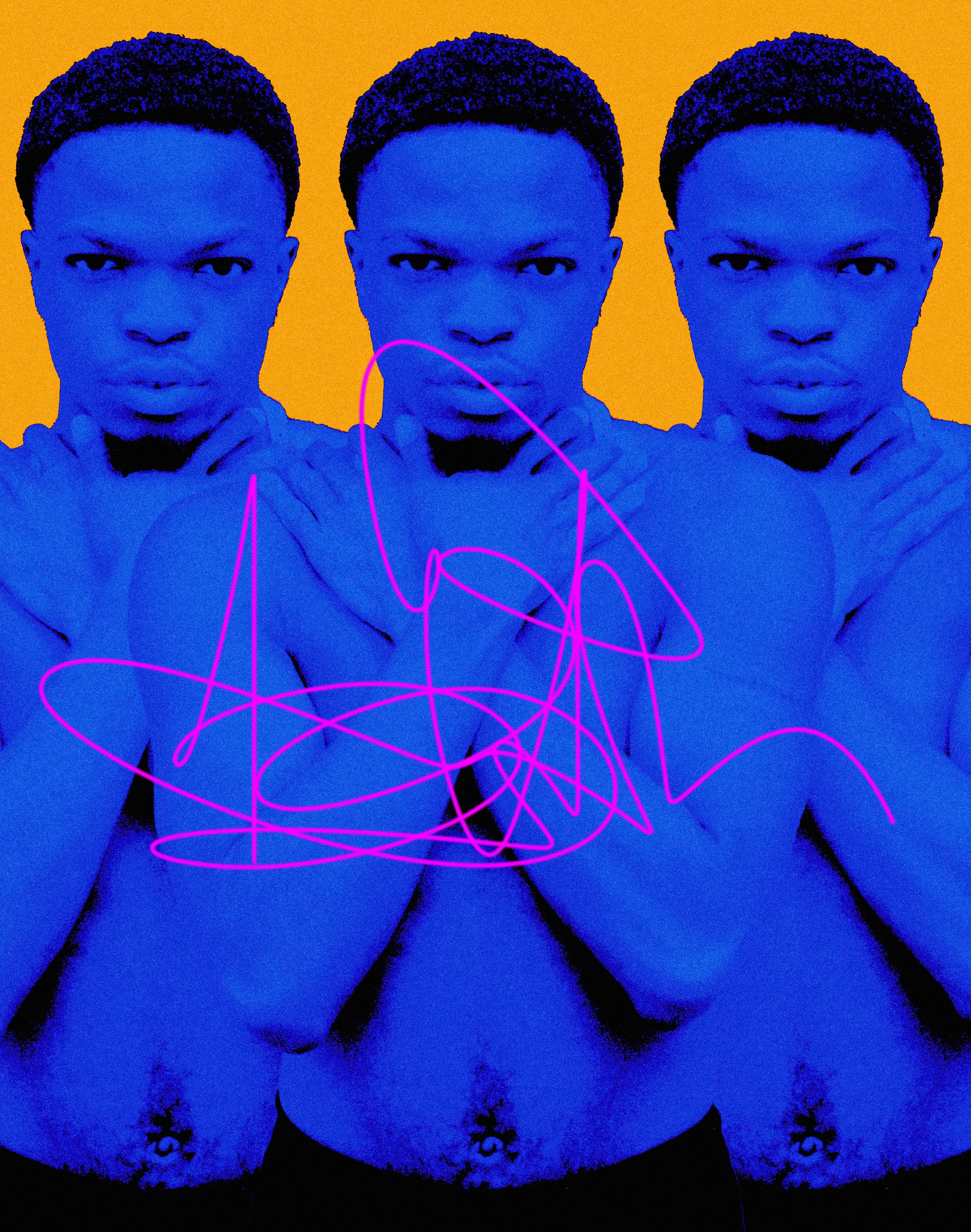 A digitally manipulated image of a shirtless man with three mirrored copies of his face and body, set against a yellow background. The image is edited with a blue color filter, and pink scribbles overlay the lower part.