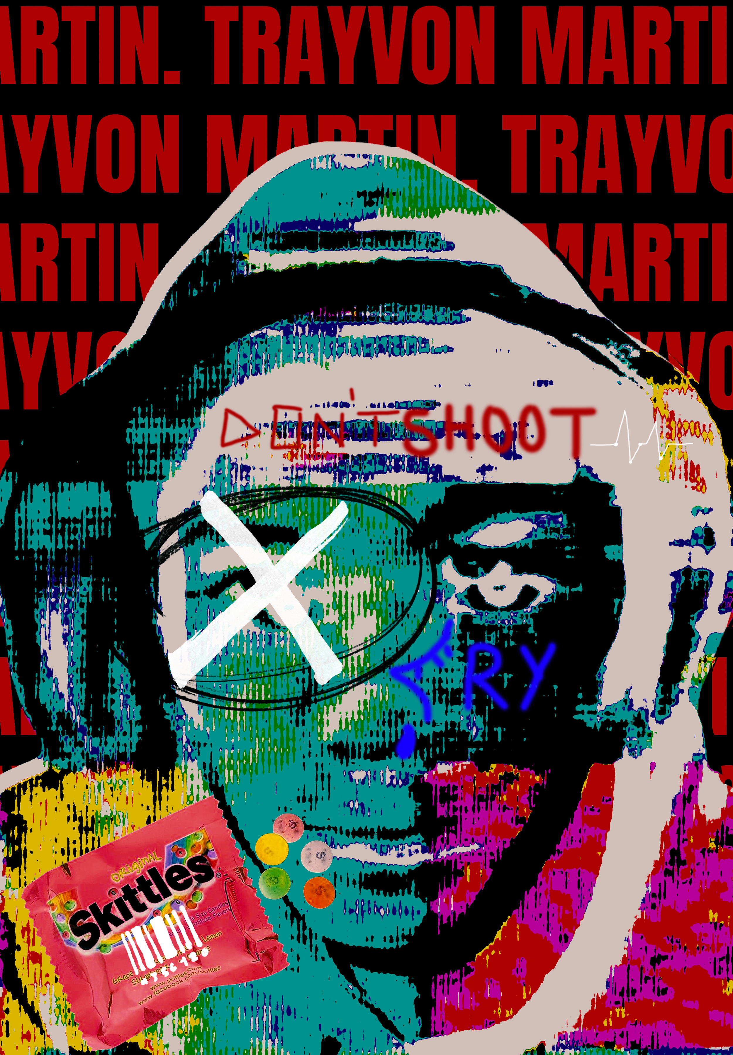Colorful abstract digital artwork featuring large red text reading 'TRAYVON MARTIN' and 'SHOOT', a black and white illustration of a person's face with glasses and long hair, a pink package of Skittles candies, and scattered colored dots and shapes.