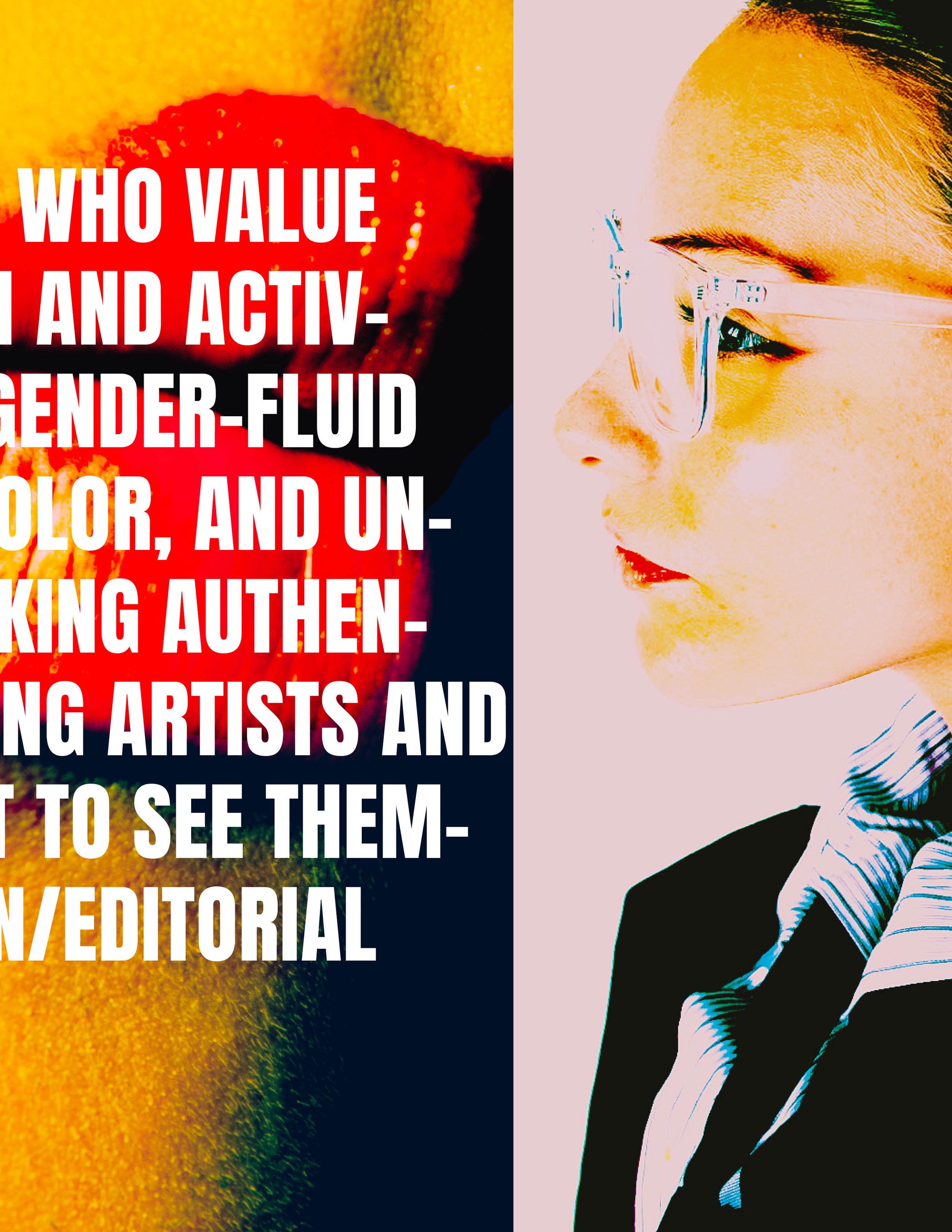 Close-up of a person wearing clear glasses, with face turned to the side, overlaid with bold, white text on a colorful background that discusses valuing and recognizing gender-fluid and non-binary artists.