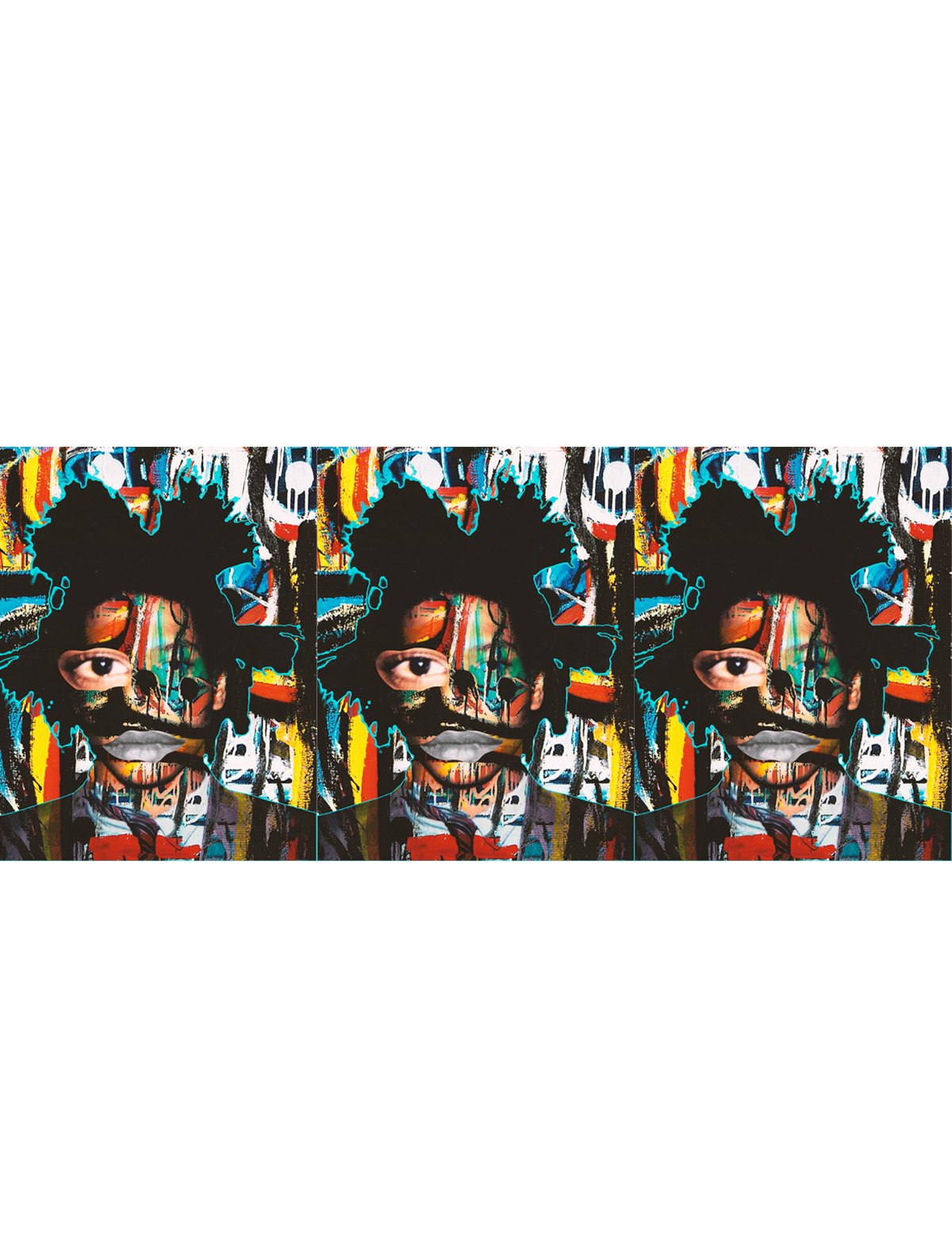 Three identical digital art images featuring a woman's face with a black silhouette of Africa in her hair, surrounded by colorful graffiti-style background.