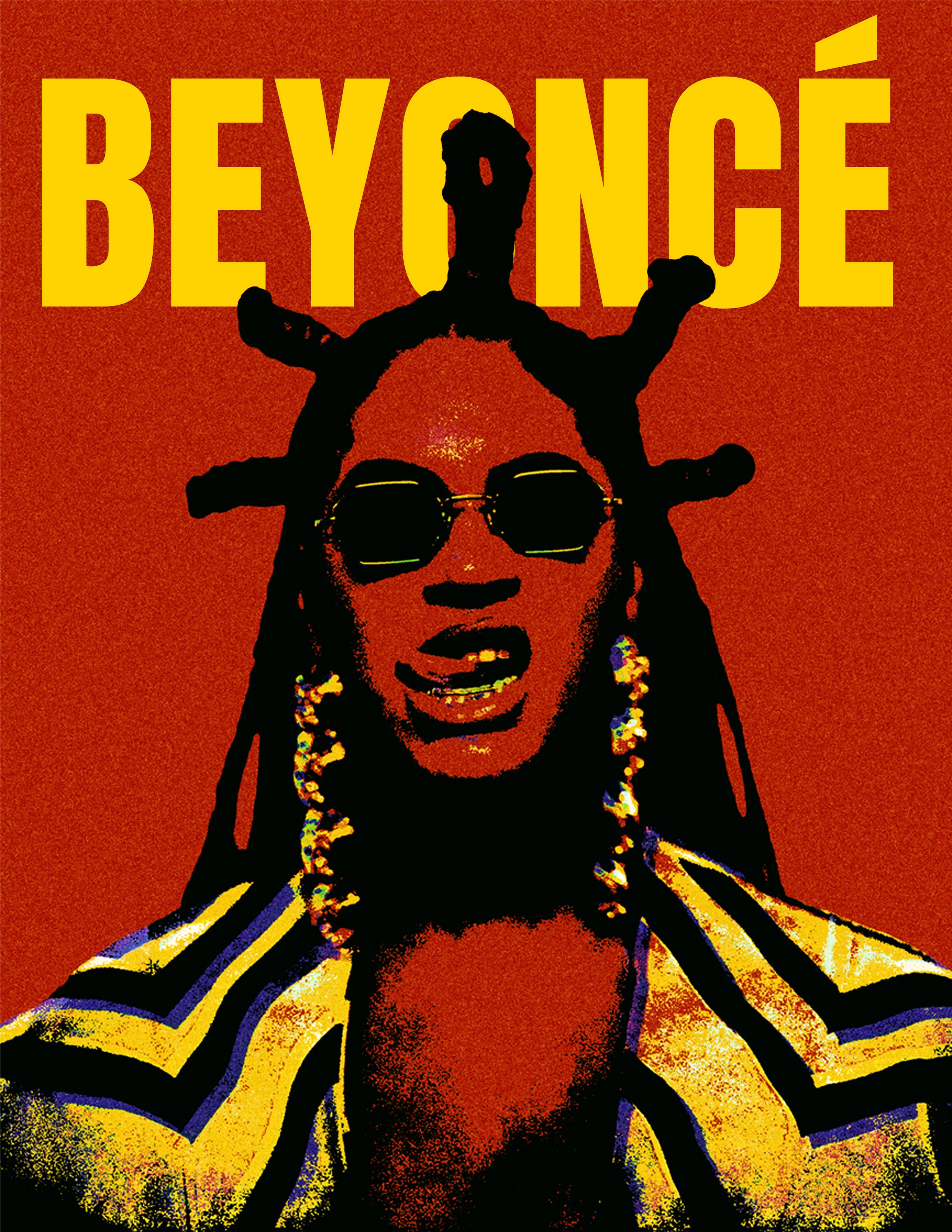 Album cover art for Beyoncé featuring a stylized portrait of Beyoncé wearing sunglasses and a yellow jacket with black stripes, set against a textured red background with large yellow text spelling 'Beyoncé' at the top.