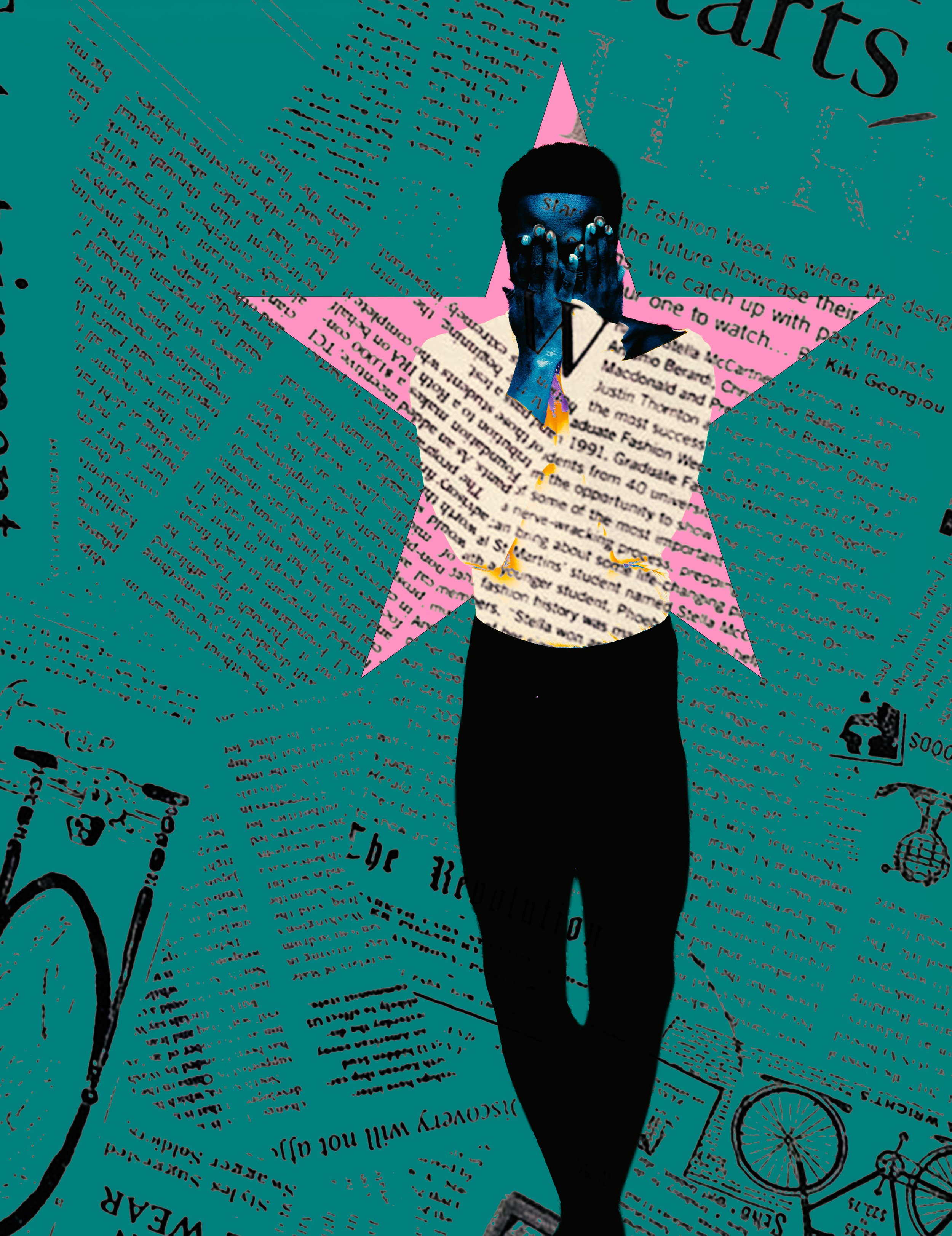 Artwork featuring a person with their face covered by hands with a magazine covering their face, standing in front of a pink star on a textured teal background with newspaper clippings and drawings.