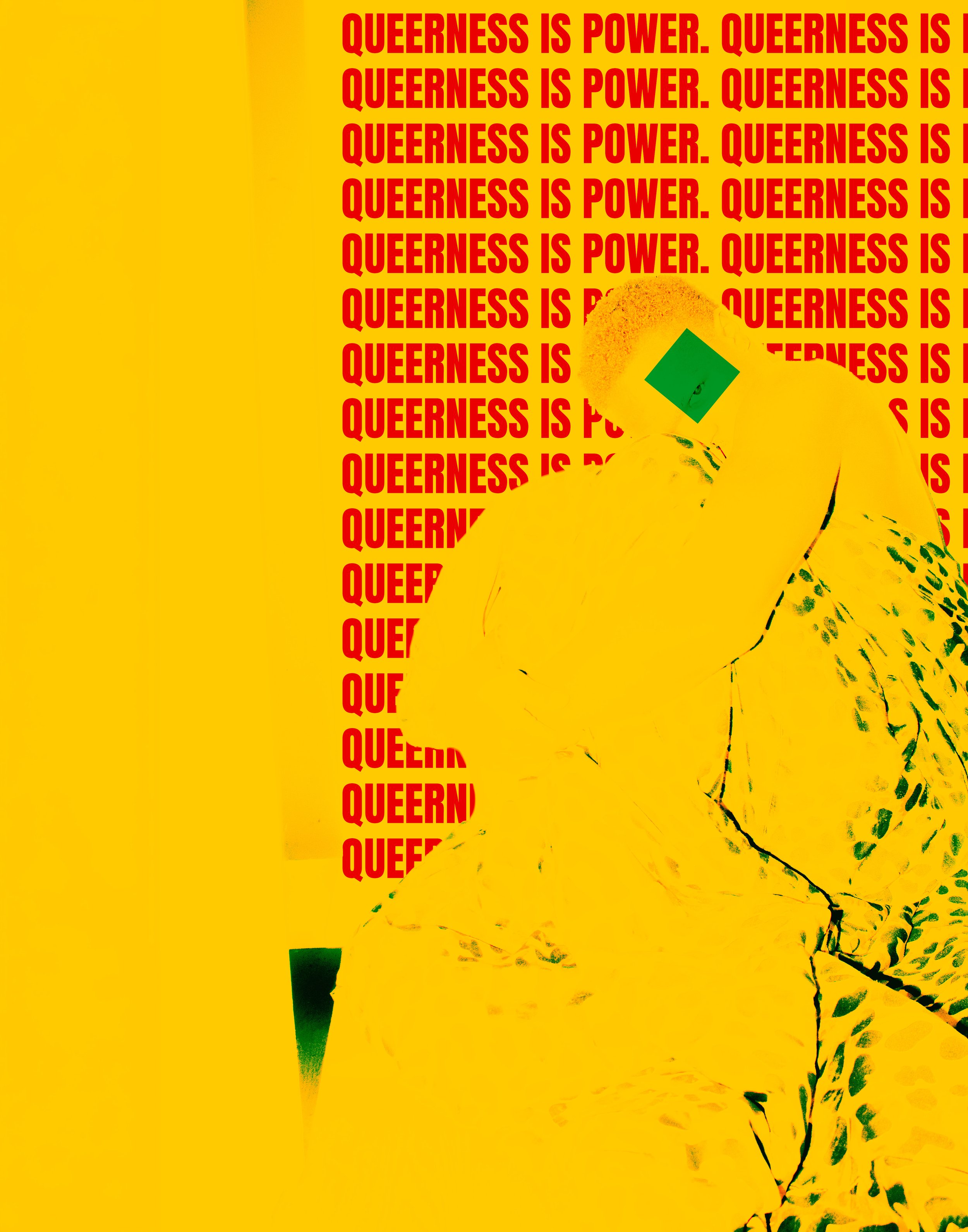 Artistic image with a background filled with the repeated phrase 'QUEERNESS IS POWER' in red on a yellow background, a person wearing glasses and a patterned shirt, with a green geometric shape on their face, and a yellow and green color scheme.