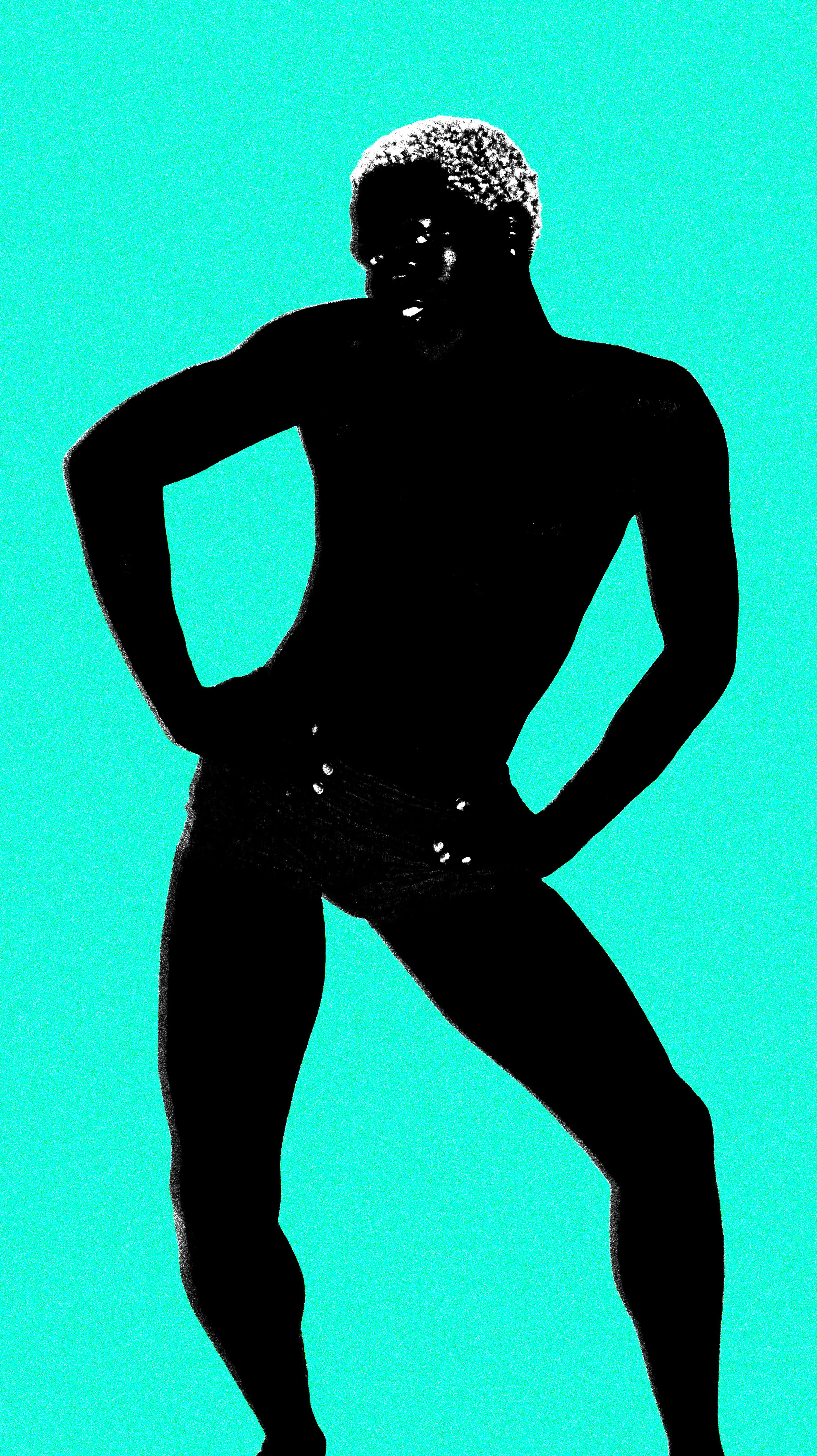 Silhouette of a woman with short curly hair wearing pants, standing against a bright turquoise background.