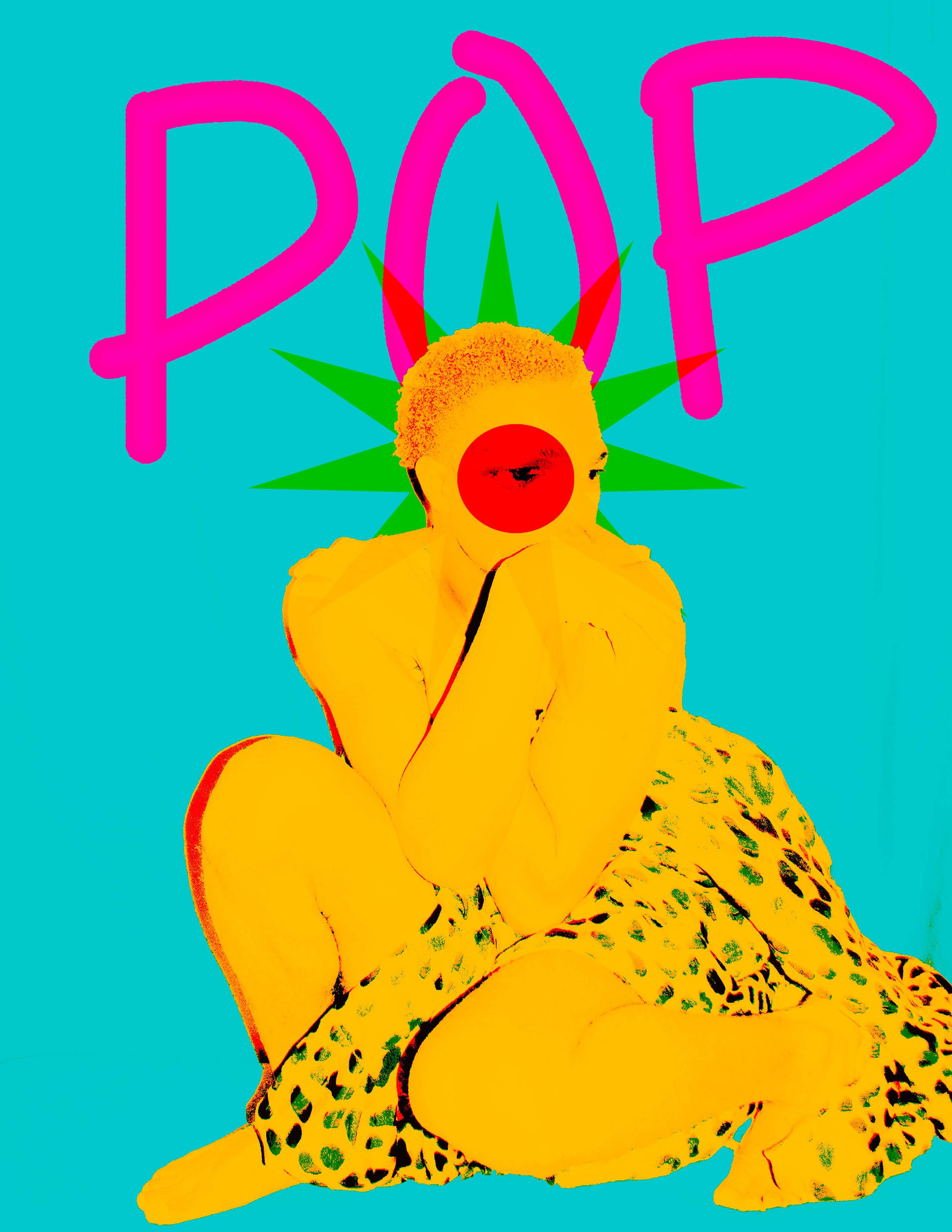 Colorful digital artwork of a woman sitting with her legs crossed, holding a red balloon over her face, with bright yellow skin and leopard print pants. The background is aqua blue, and the word 'POP' in large pink letters is at the top, with a styli