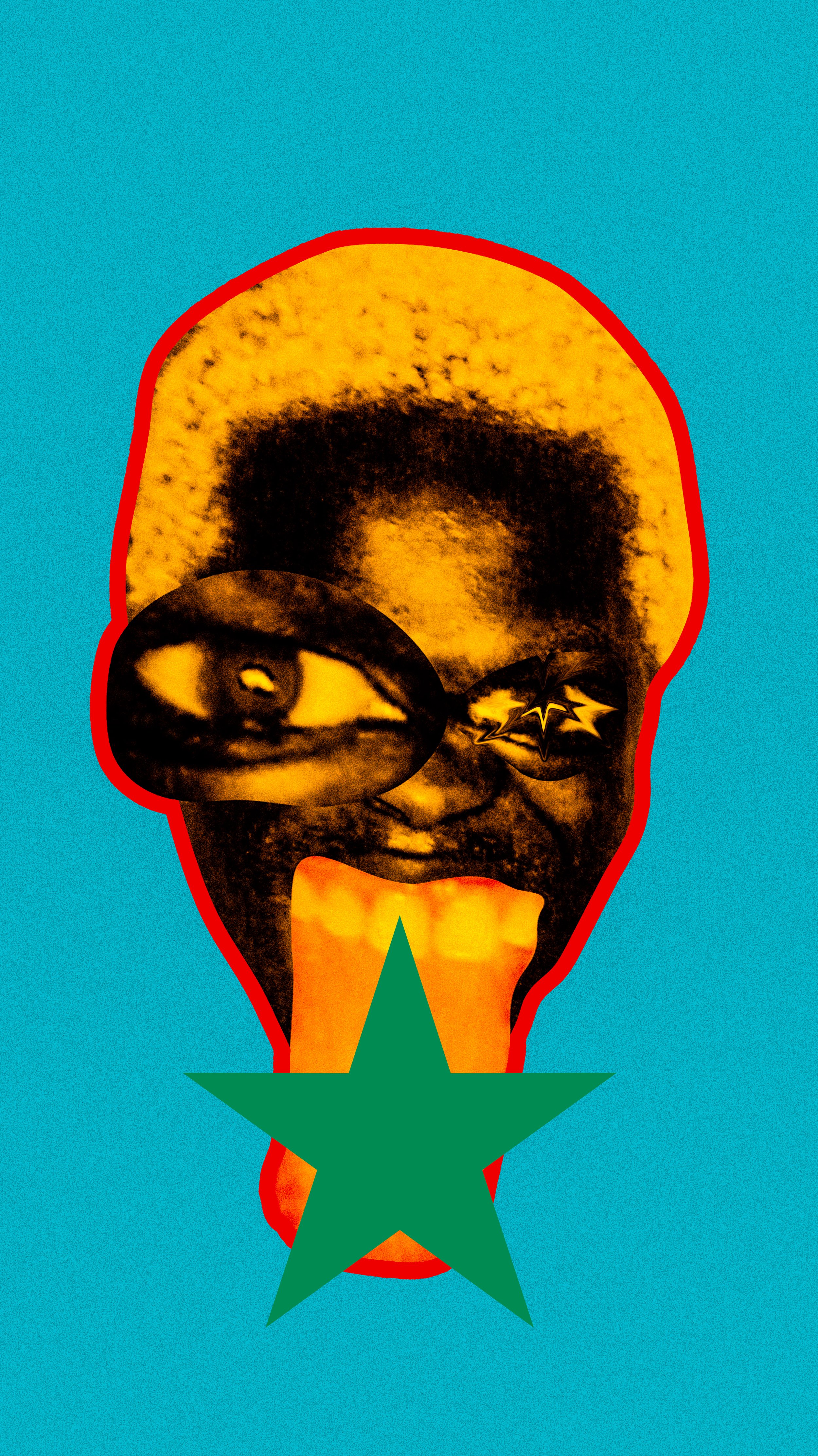 A stylized art piece featuring a human face with sunglasses, a tongue sticking out, and a pink outline on a blue background. There is a green star shape at the bottom of the face.