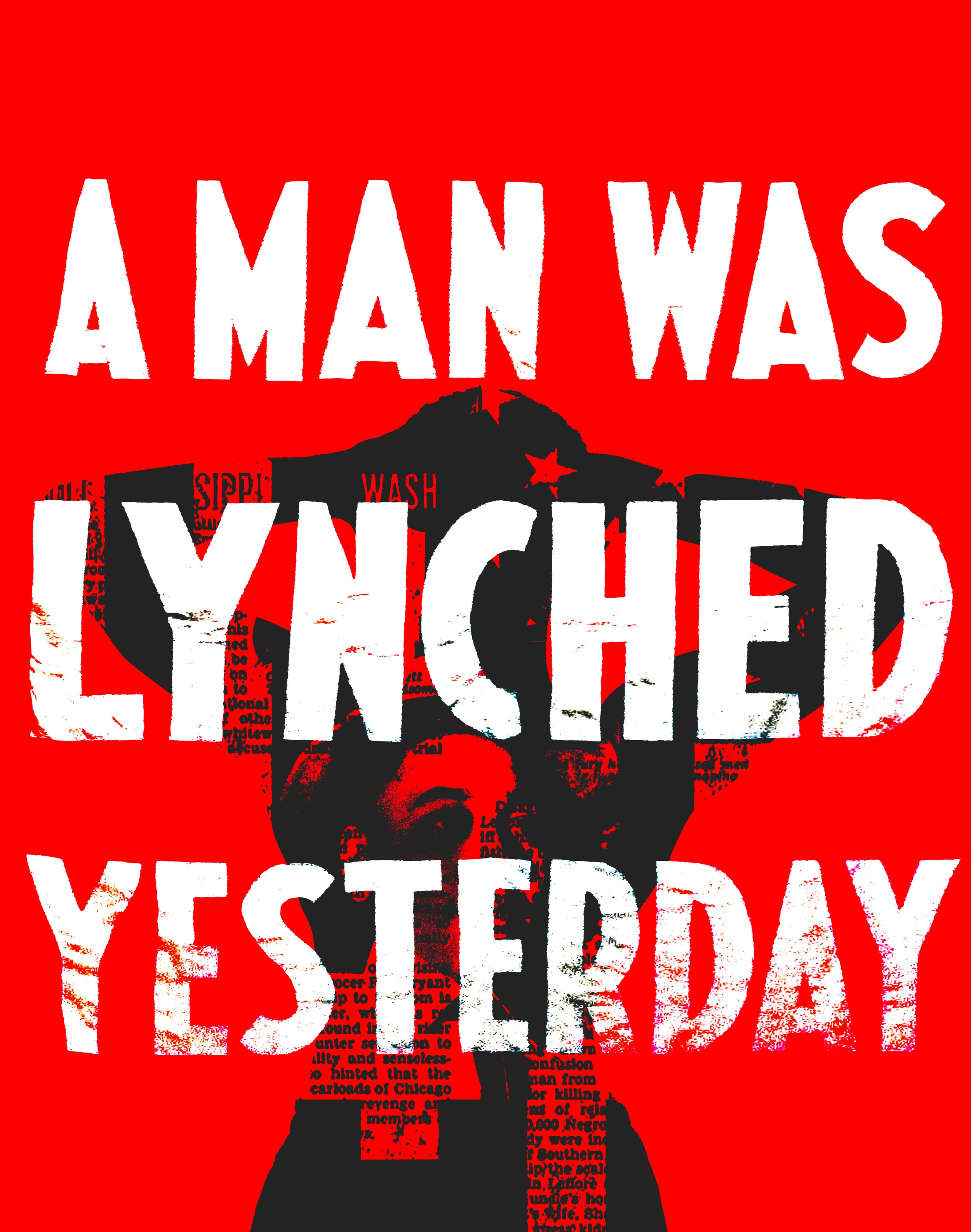 A red protest poster with bold white text that reads 'A MAN WAS VICTIMIZED'. The poster features an image of a man holding a gun to his head, with black silhouettes and text in the background.