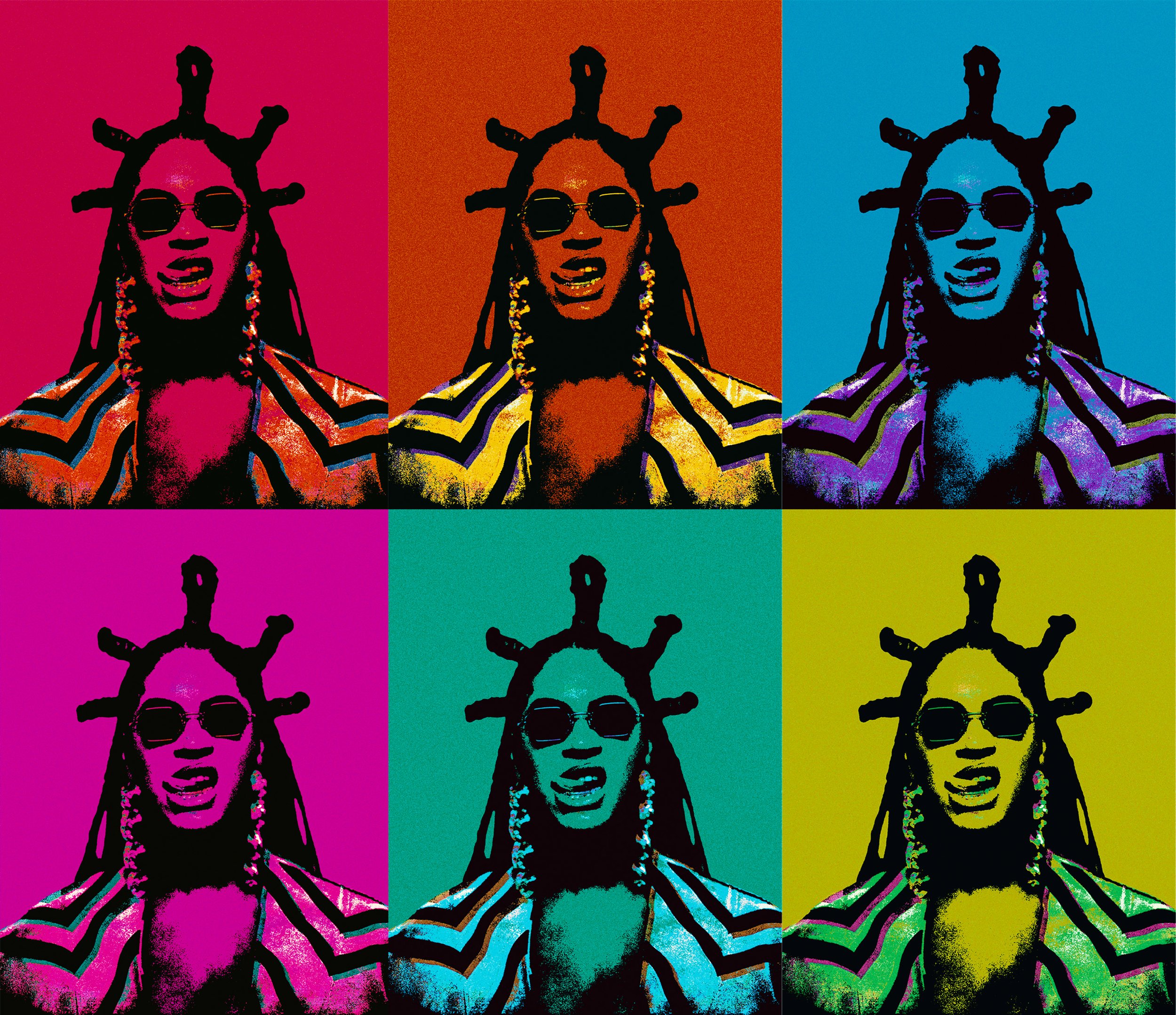 A pop art style image of a woman with dreadlocks, wearing sunglasses, earrings, and a striped top, shown in series with three color backgrounds: pink, orange, and blue.