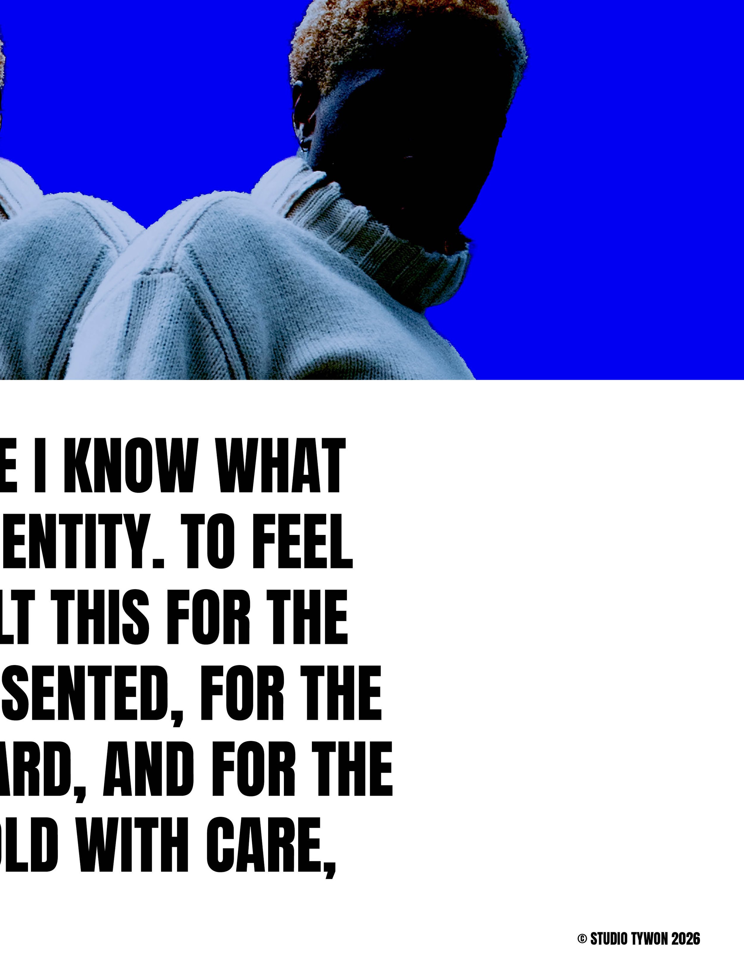 A person with light-colored hair wearing a light sweater against a dark blue background, with a quote about feeling expressed in bold black text.