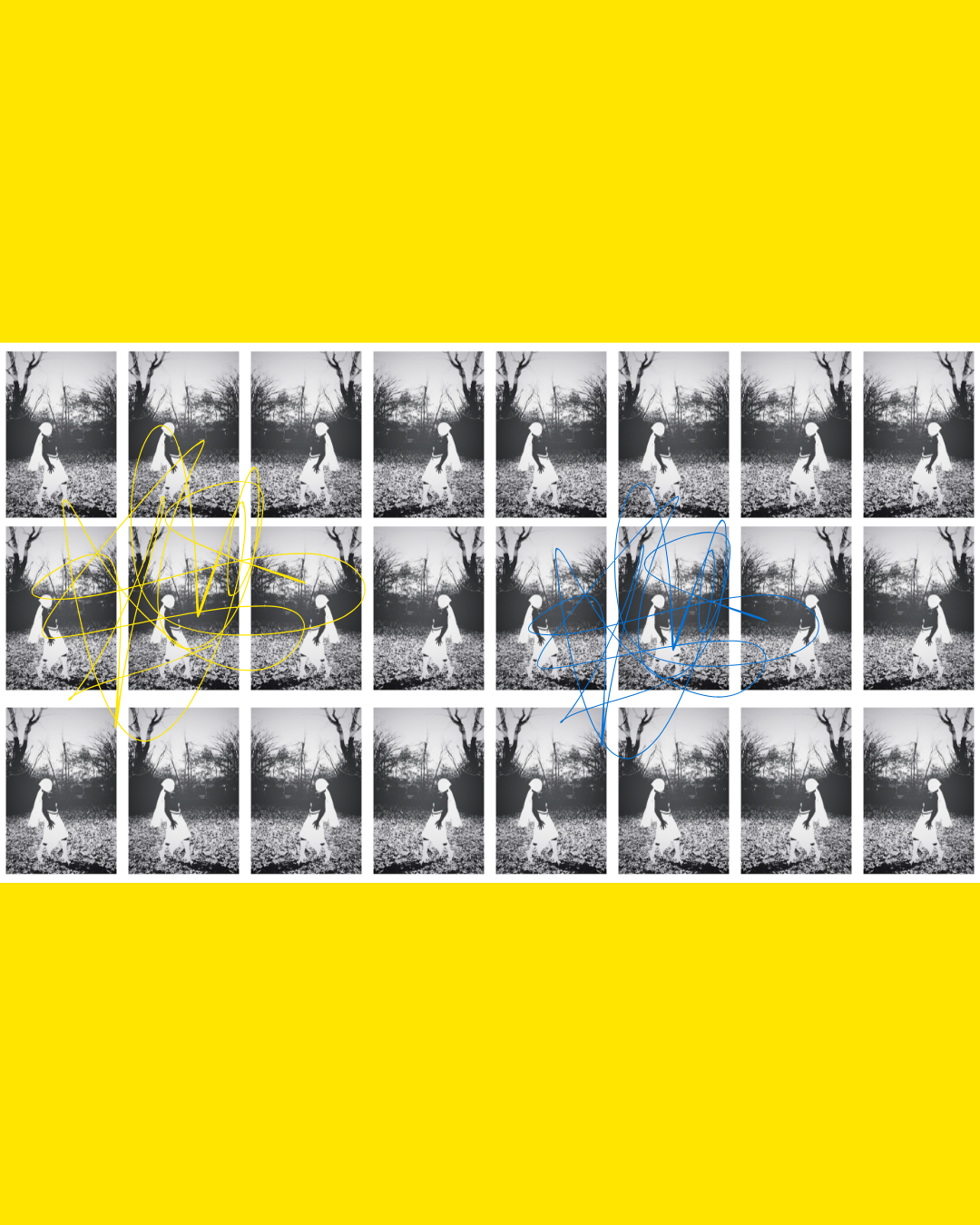 A grid of black-and-white photo strips of a person walking outdoors, with colorful scribbles overlaid on some photos. The background is a natural landscape with trees, and the overall background is bright yellow.