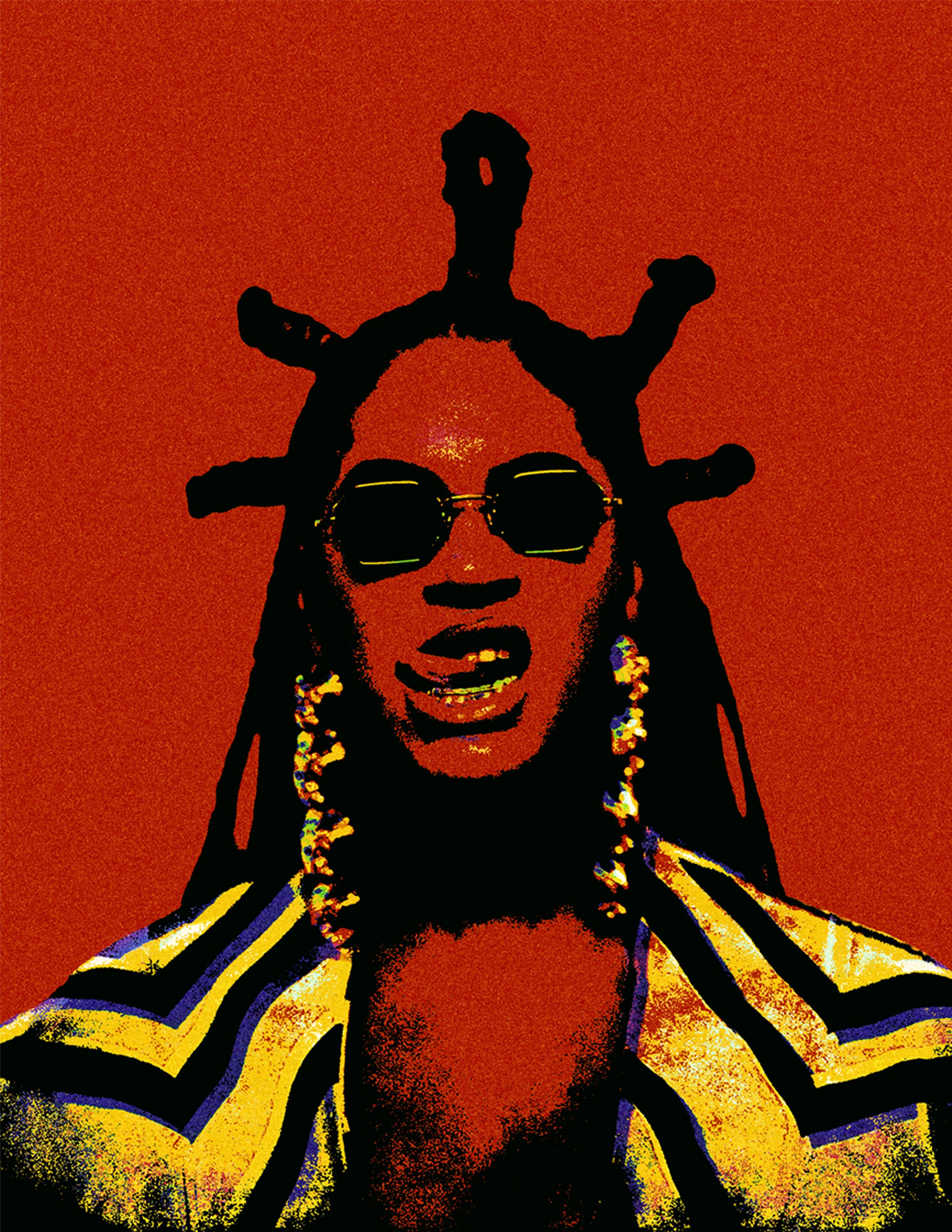 A stylized digital artwork of a woman with distinctive hair styled in Bantu knots, wearing sunglasses and earrings, dressed in a yellow and black striped top, with a red textured background.