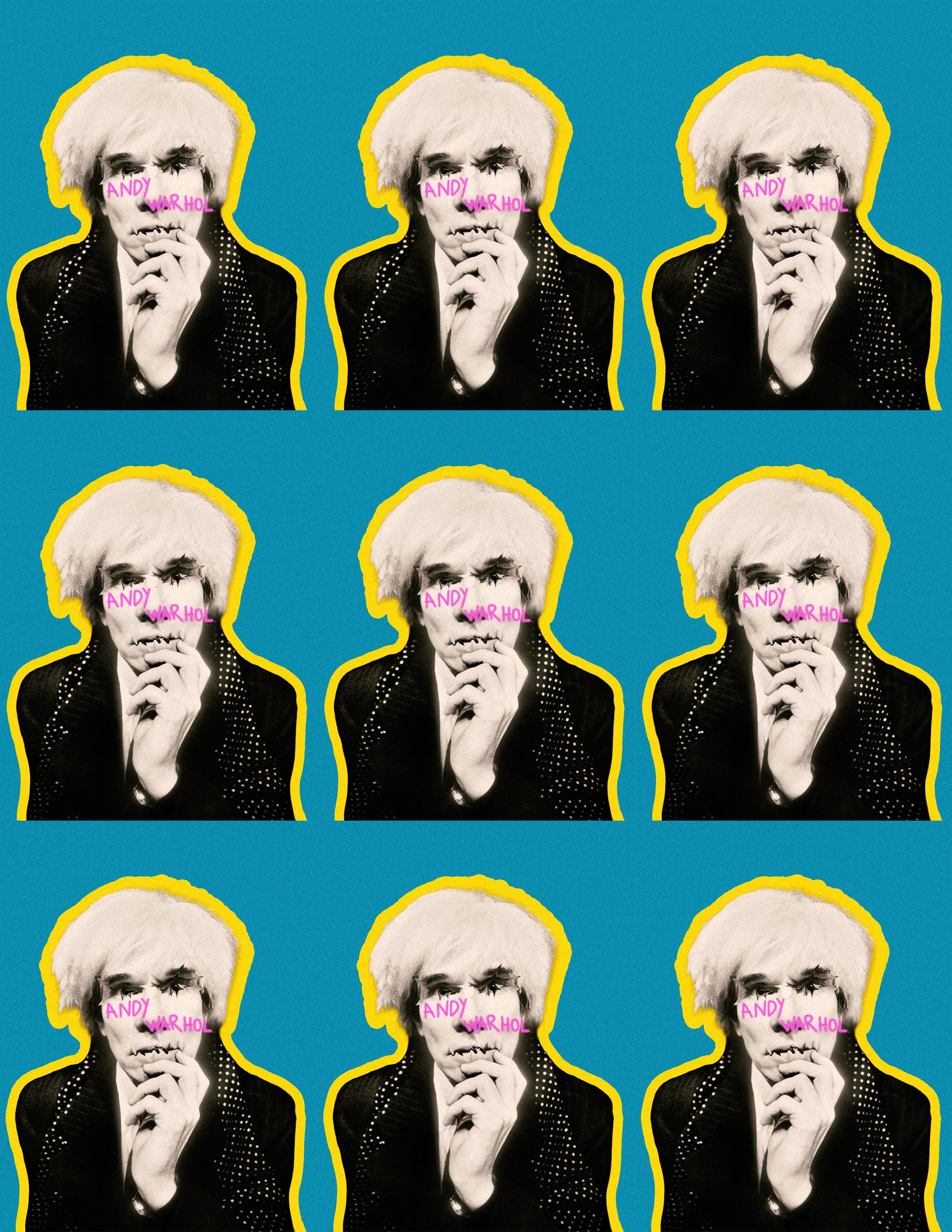 Repeating pattern of a black and white photograph of Andy Warhol's face with his hand on his chin, outlined in yellow, against a blue background. Pink text across the eyes reads 'ANDY WARHOL'.