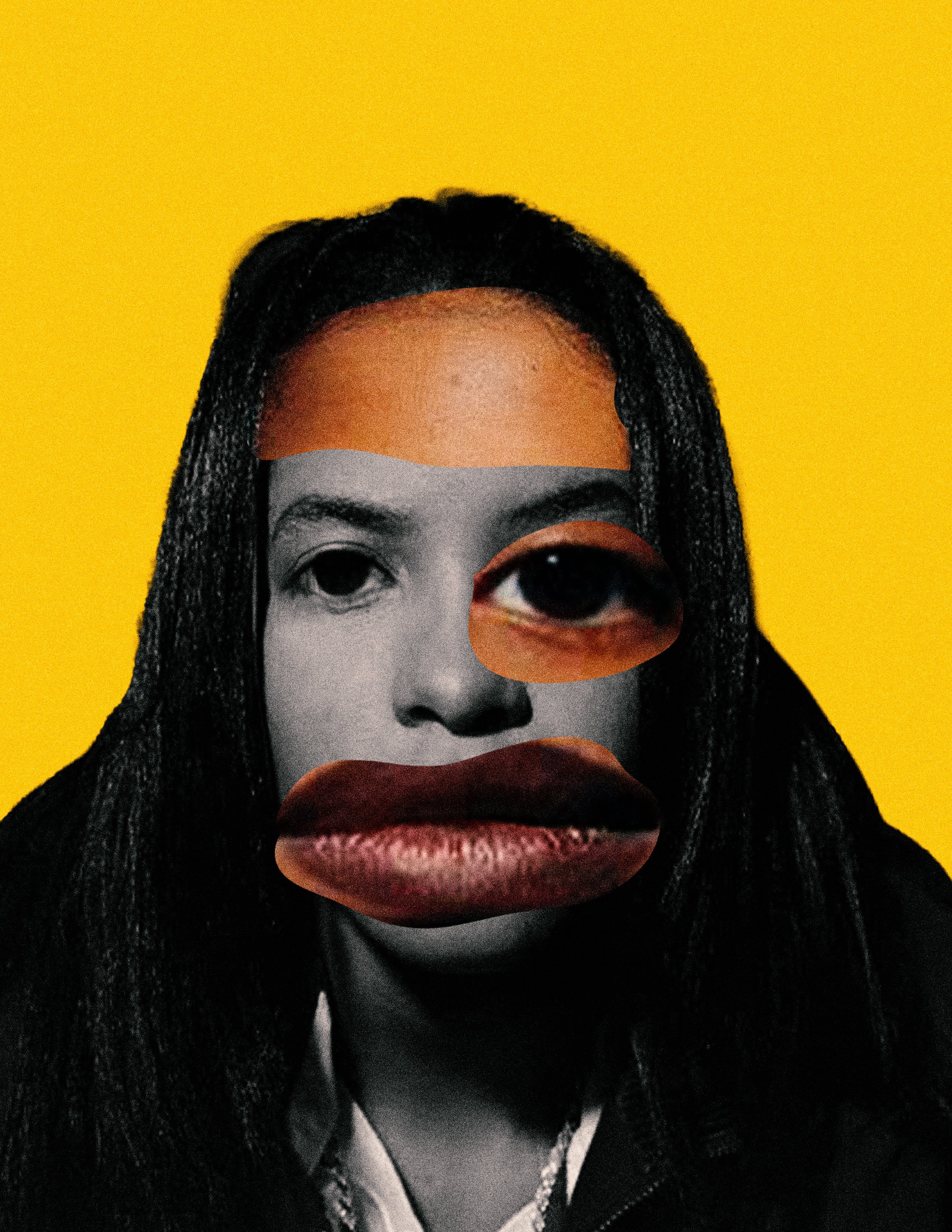 Close-up of a person's face with black and white features, wearing dark makeup around the eyes, with lips in a natural color, and black braided hair, against a yellow background.