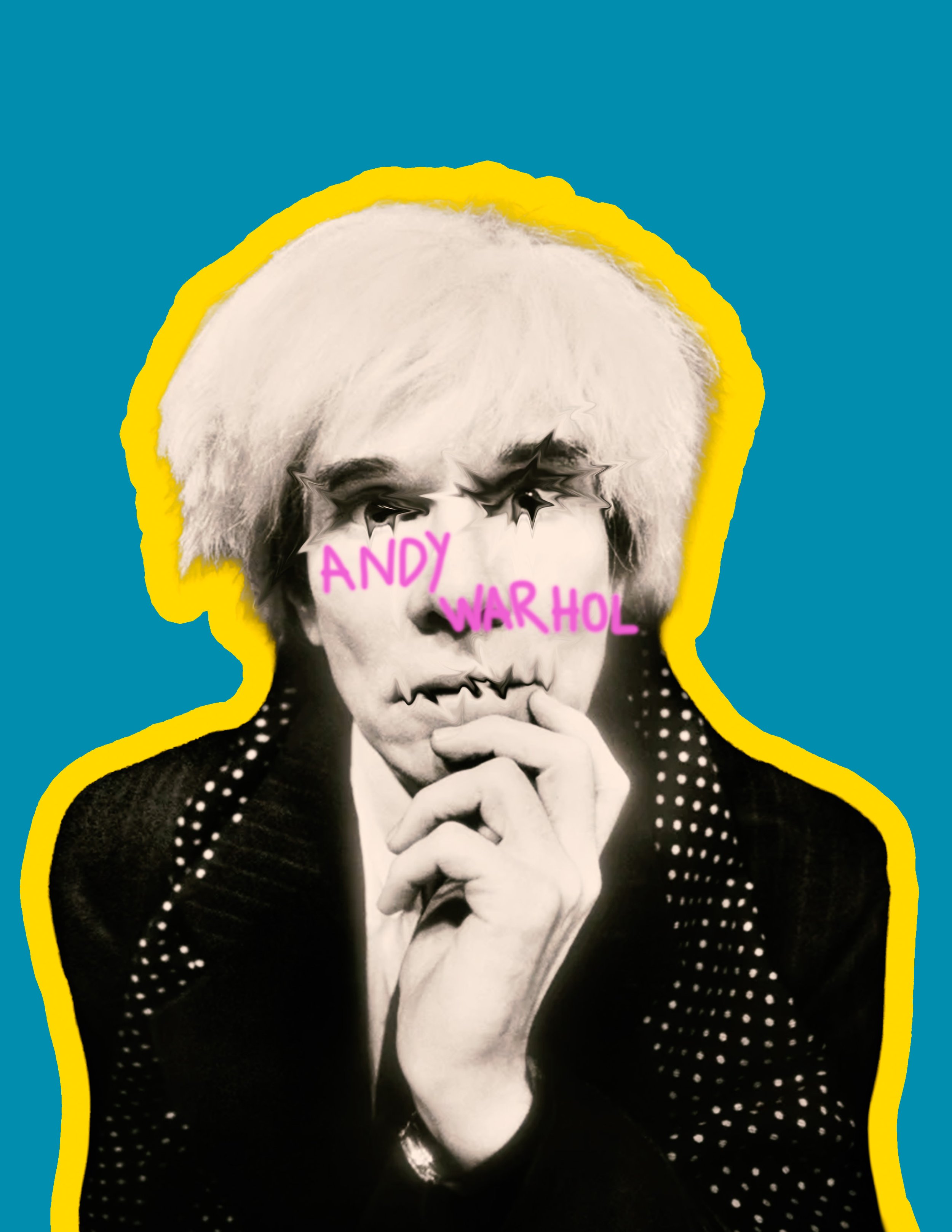 Black and white portrait of a woman with platinum blonde hair, wearing a polka-dot outfit, with her hand resting on her chin, wearing dark makeup and a serious expression, with pink text overlay reading 'ANDY WARHOL'