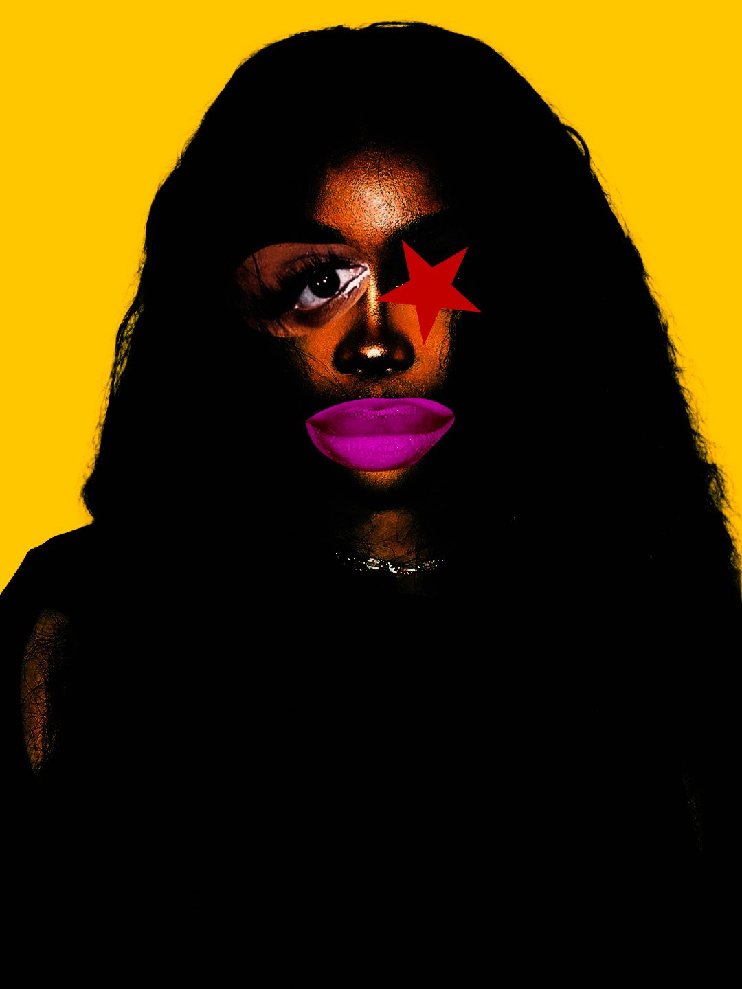 An artistic digital portrait of a woman with dark skin and long wavy hair against a yellow background. The woman's face features a large, exaggerated eye on her left side, bright pink lips, and a red star over her right eye, which is partially obscur