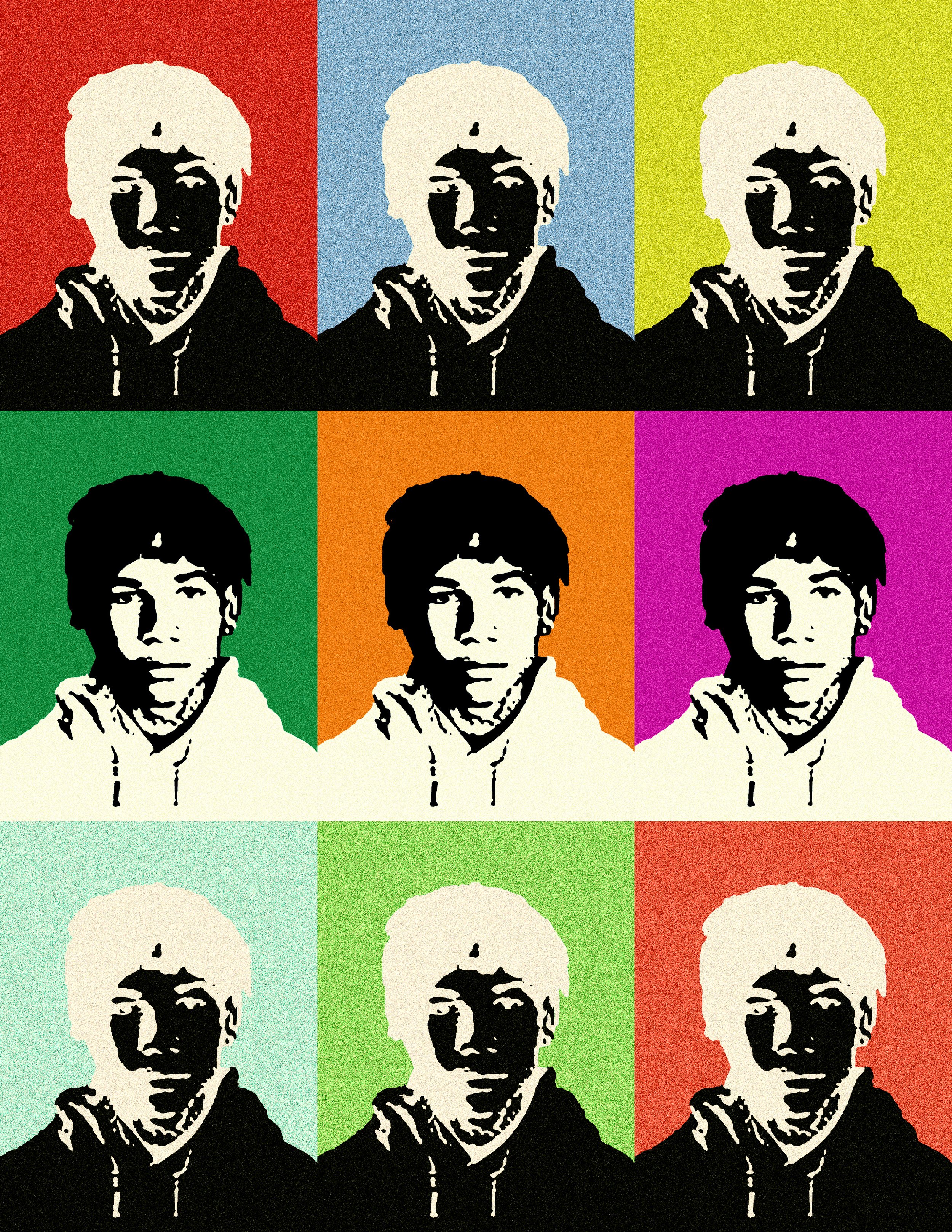 Pop art style portrait of a young man dressed in a hoodie with his hand resting on his chin, repeated in a grid with colorful backgrounds of red, blue, yellow, green, orange, and pink.