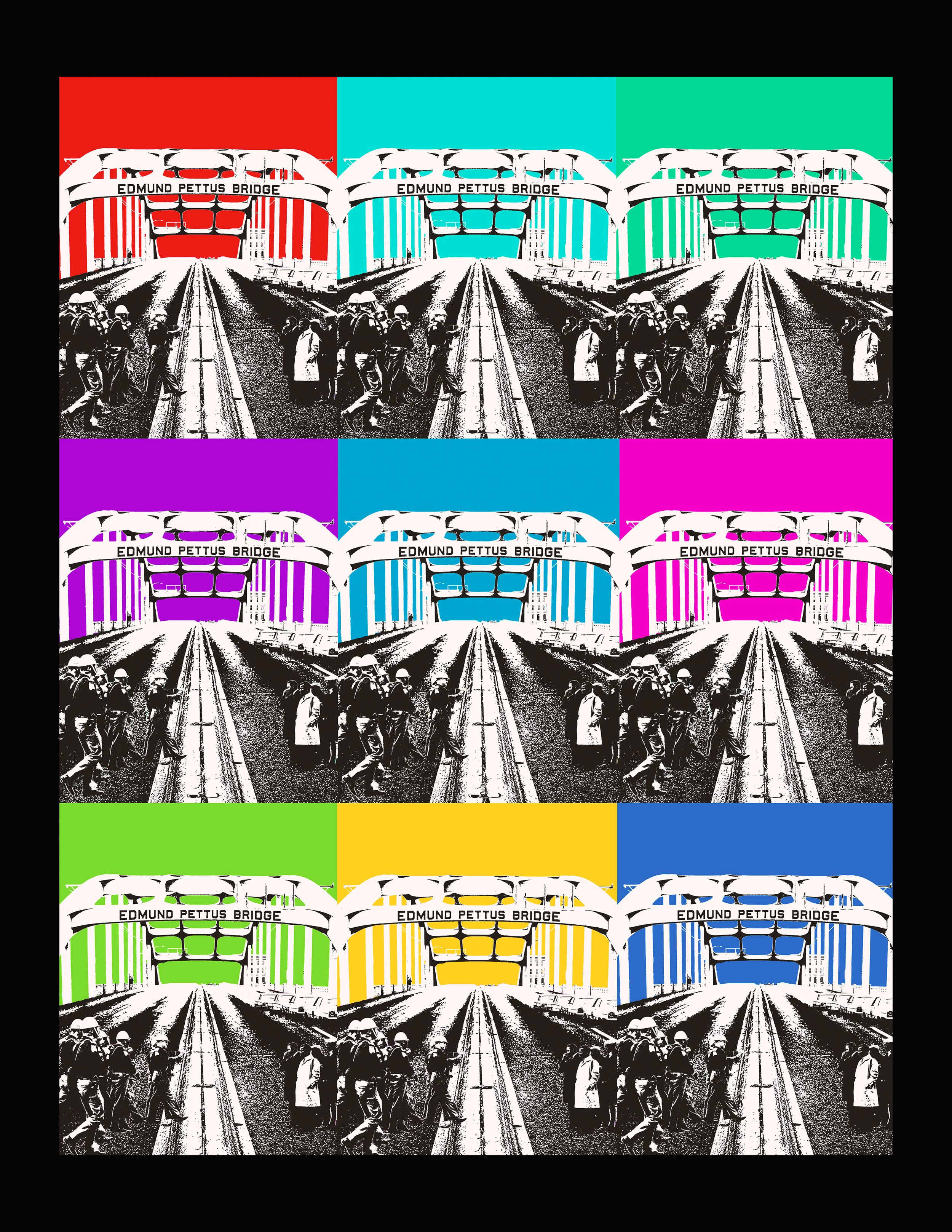 Pop art style image of the Edmund Pettus Bridge with multiple color variations, showing groups of people walking across it.
