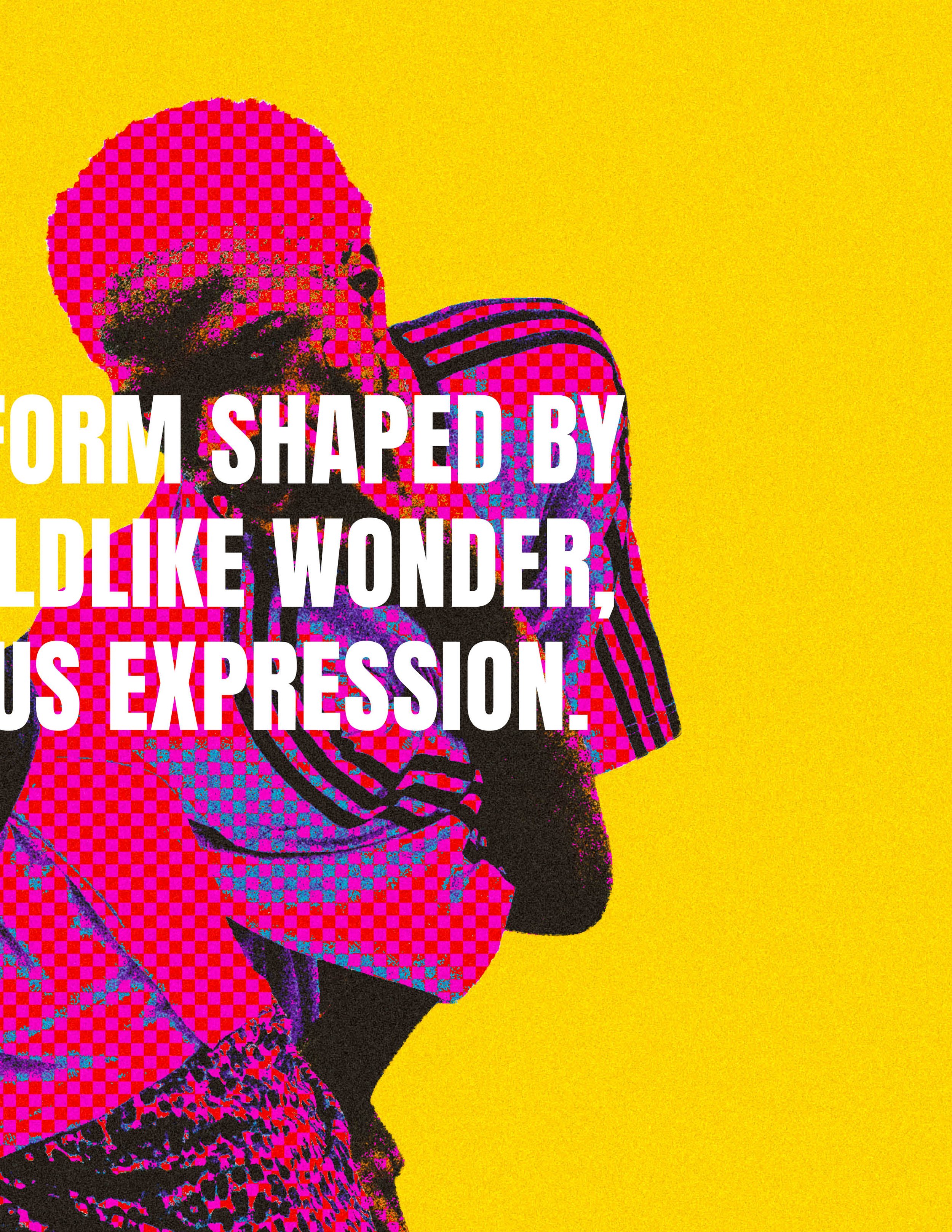 A stylized, pop art illustration of a person with a pink checkered hat and shirt, holding their chin. The background is yellow. Overlaid text reads: 'Form shaped by childhood wonder, US expression.'