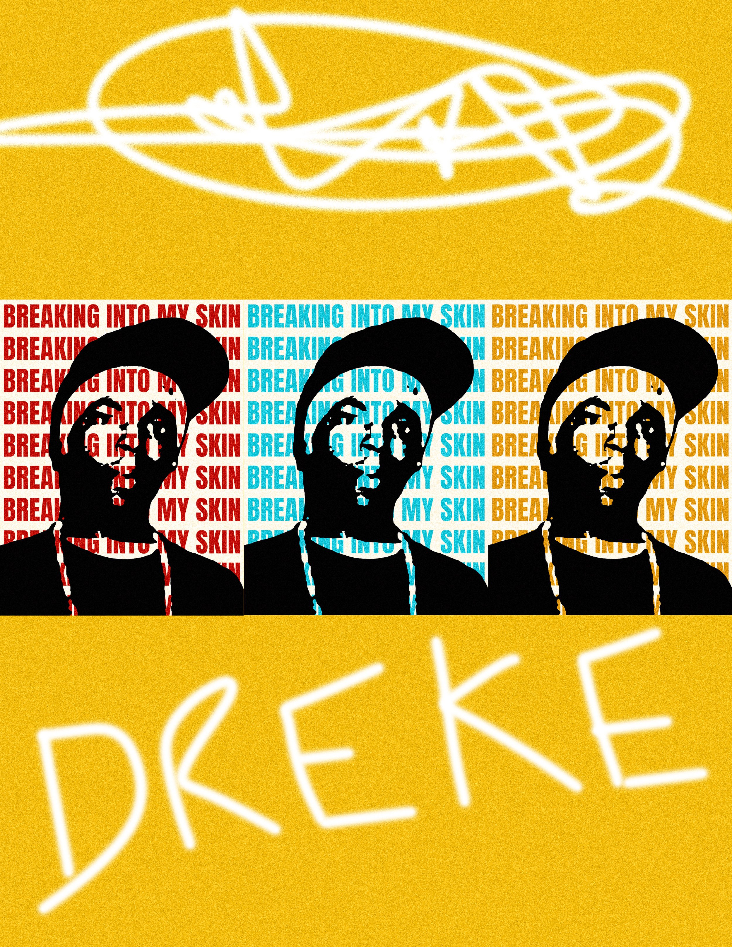 A pop art style image featuring three black silhouettes of a man with slicked back hair. Behind each silhouette is a background pattern of repeated text 'BREAKING INTO MY SKIN' in red, blue, and yellow. The top and bottom of the image contain neon-st