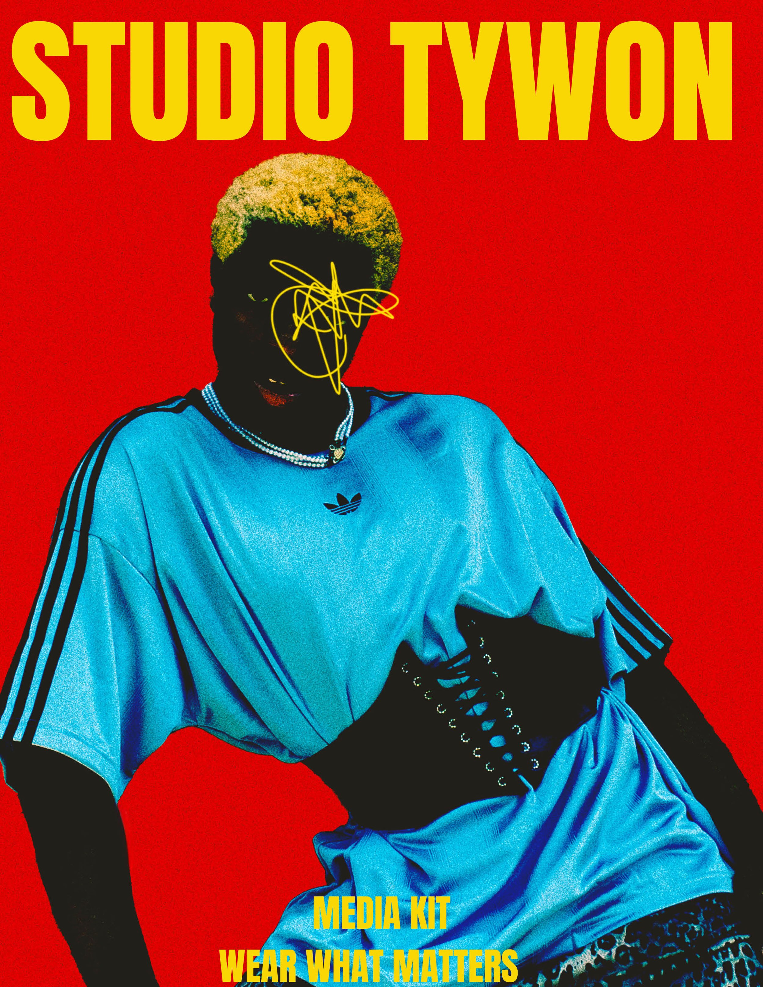 Bright red cover featuring a person with blonde hair, wearing a blue sports jersey, and striking a bold pose with gold doodle over face. Text reads 'Studio Twon' at top, 'Media Kit' and 'Wear What Matters' at bottom.