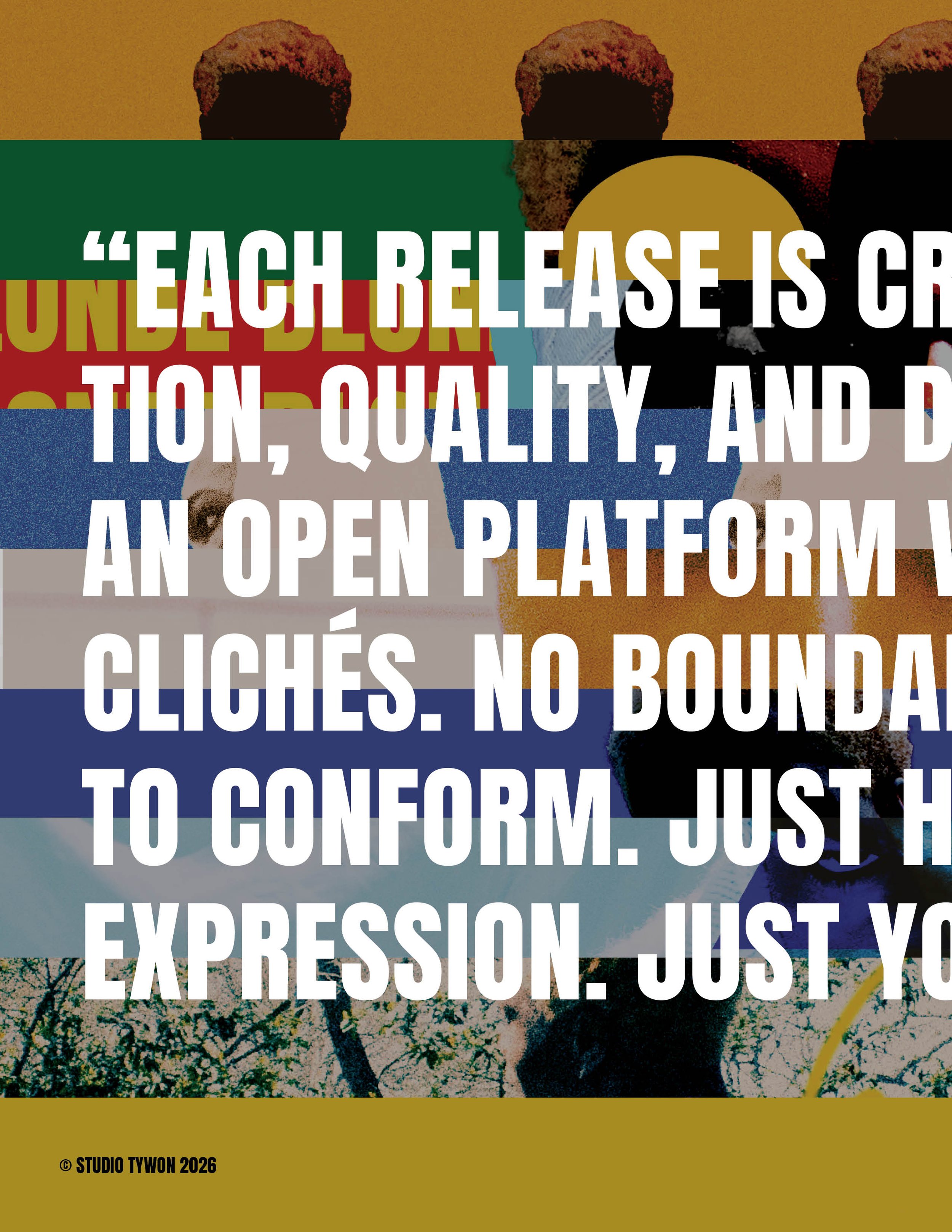 A colorful collage of various images with overlaid white text displaying an inspirational quote about expression.