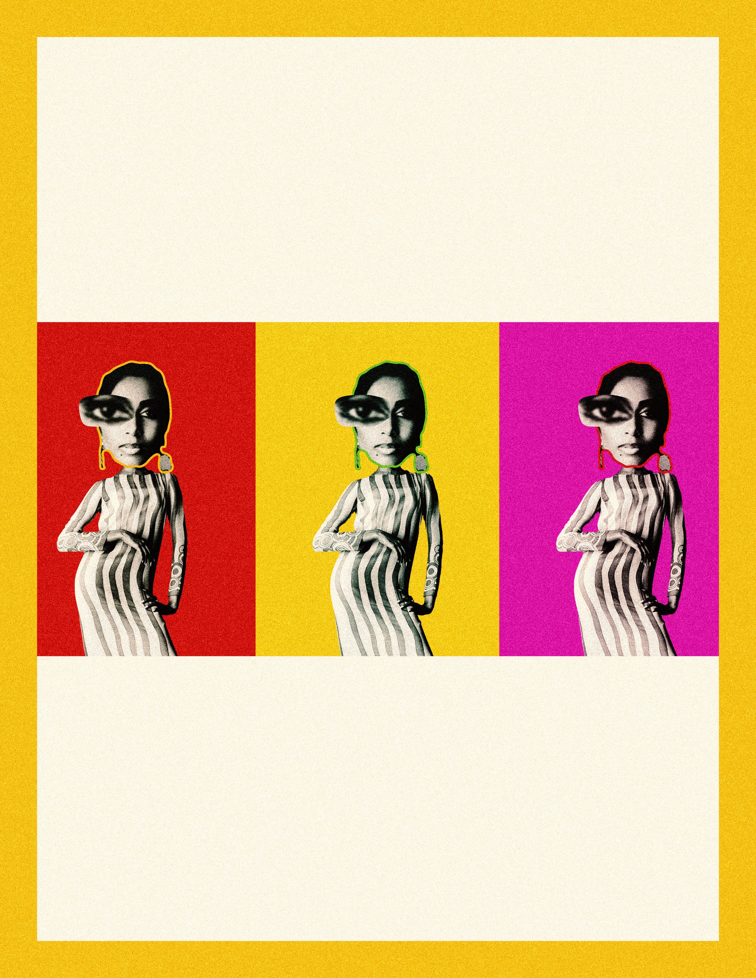 Three black-and-white photos of the same woman wearing a striped dress and sunglasses with colorful backgrounds (red, yellow, purple).