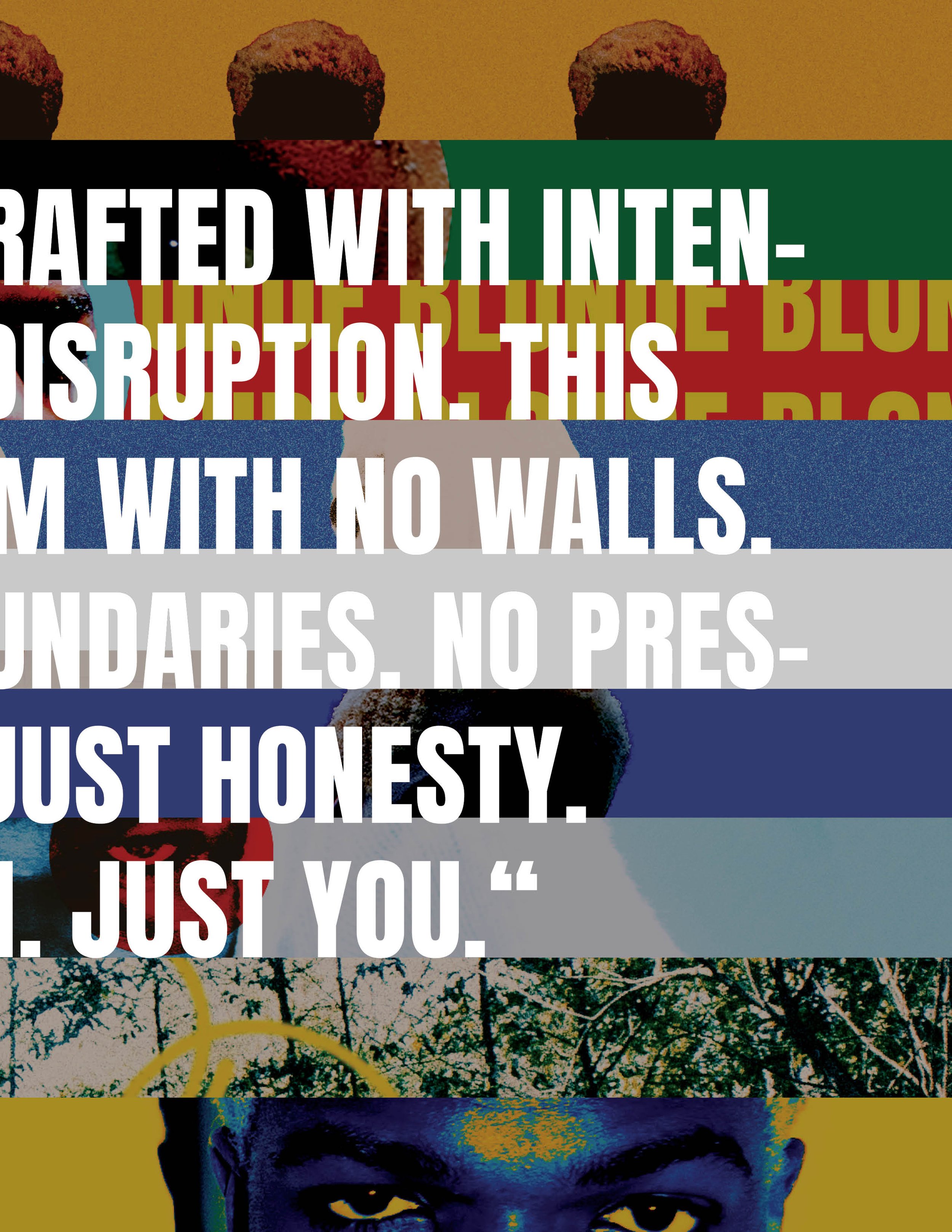 A multicolored collage with a quote about honesty and integrity over a background of various images including a person's face, trees, and abstract designs.