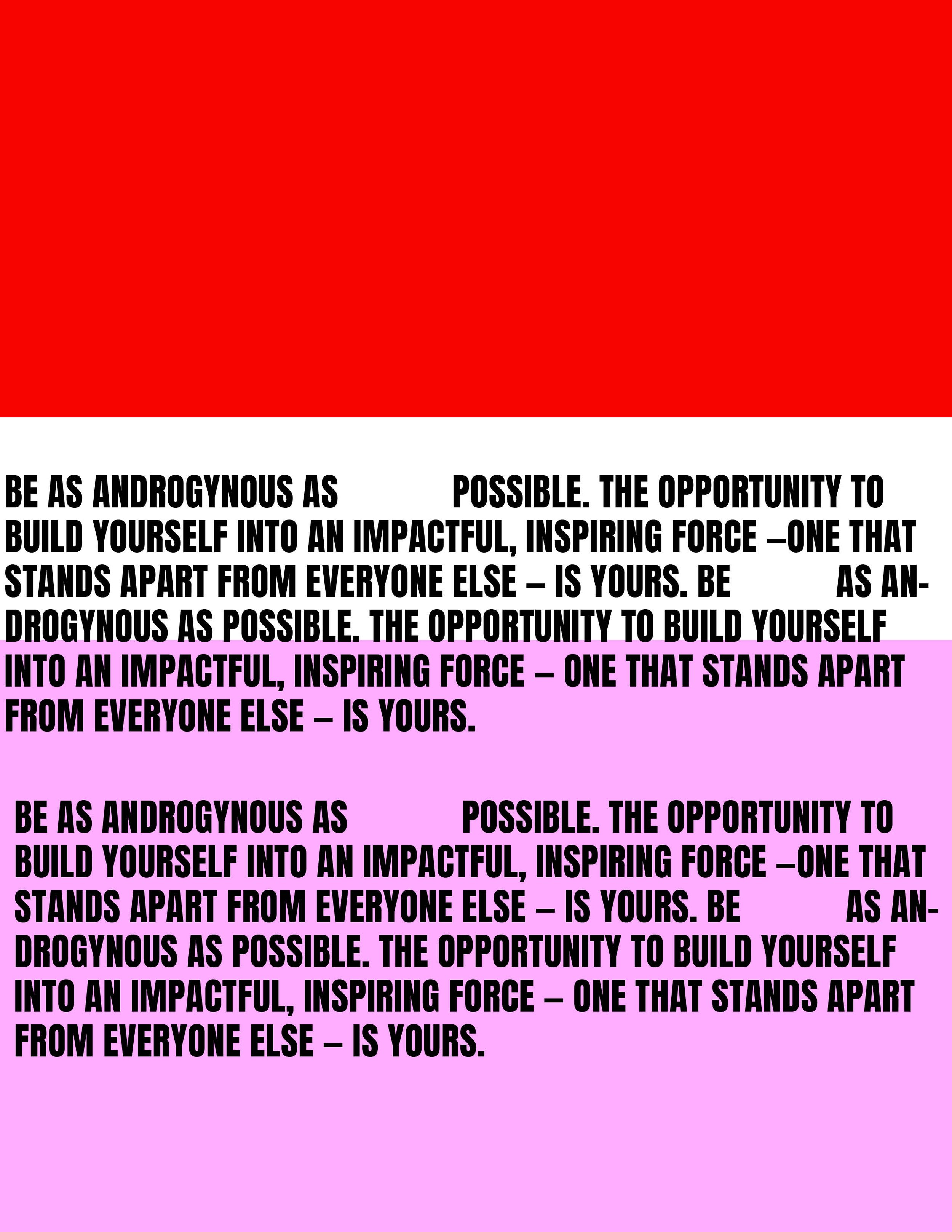 Repeated motivational quote with black text on a white, pink, and purple background: "Be as androgynous as possible. The opportunity to build yourself into an impactful, inspiring force — one that stands apart from everyone else — is yours."