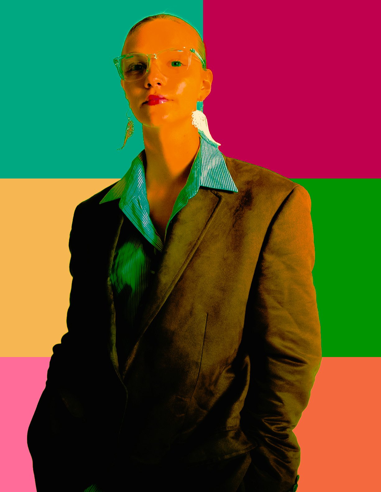 Portrait of a woman wearing glasses, earrings, a striped shirt, and a brown blazer, against a colorful, geometric background.