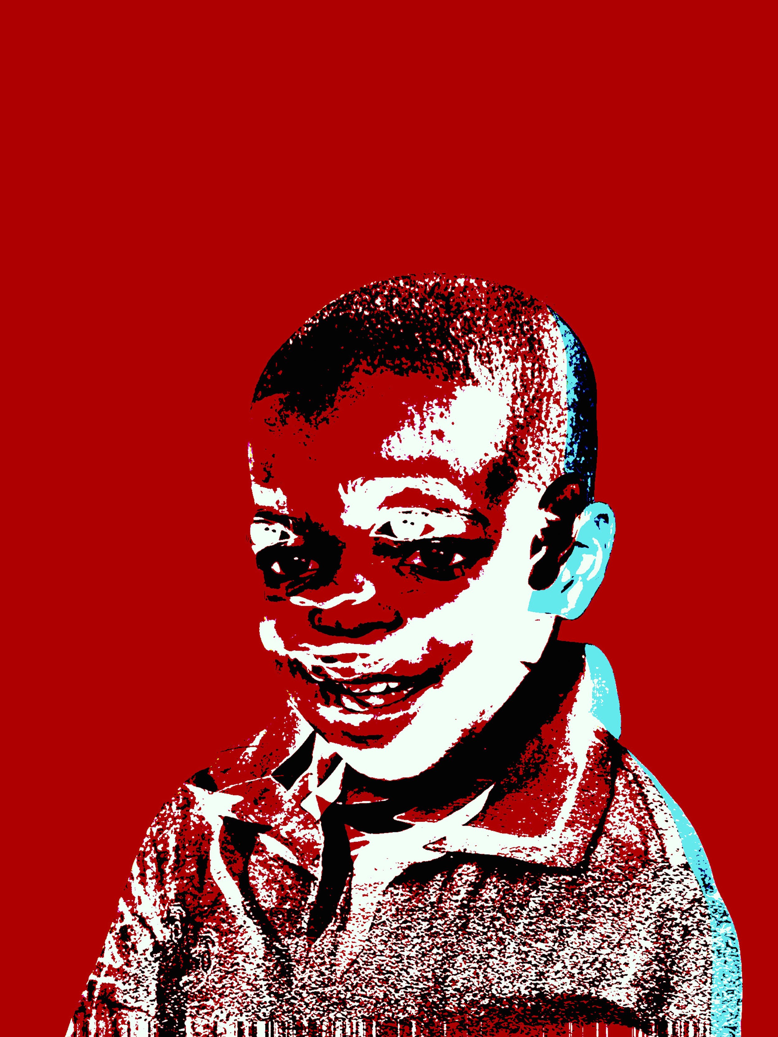 A stylized, high-contrast digital illustration of a smiling child's face with multiple eyes, set against a red background.
