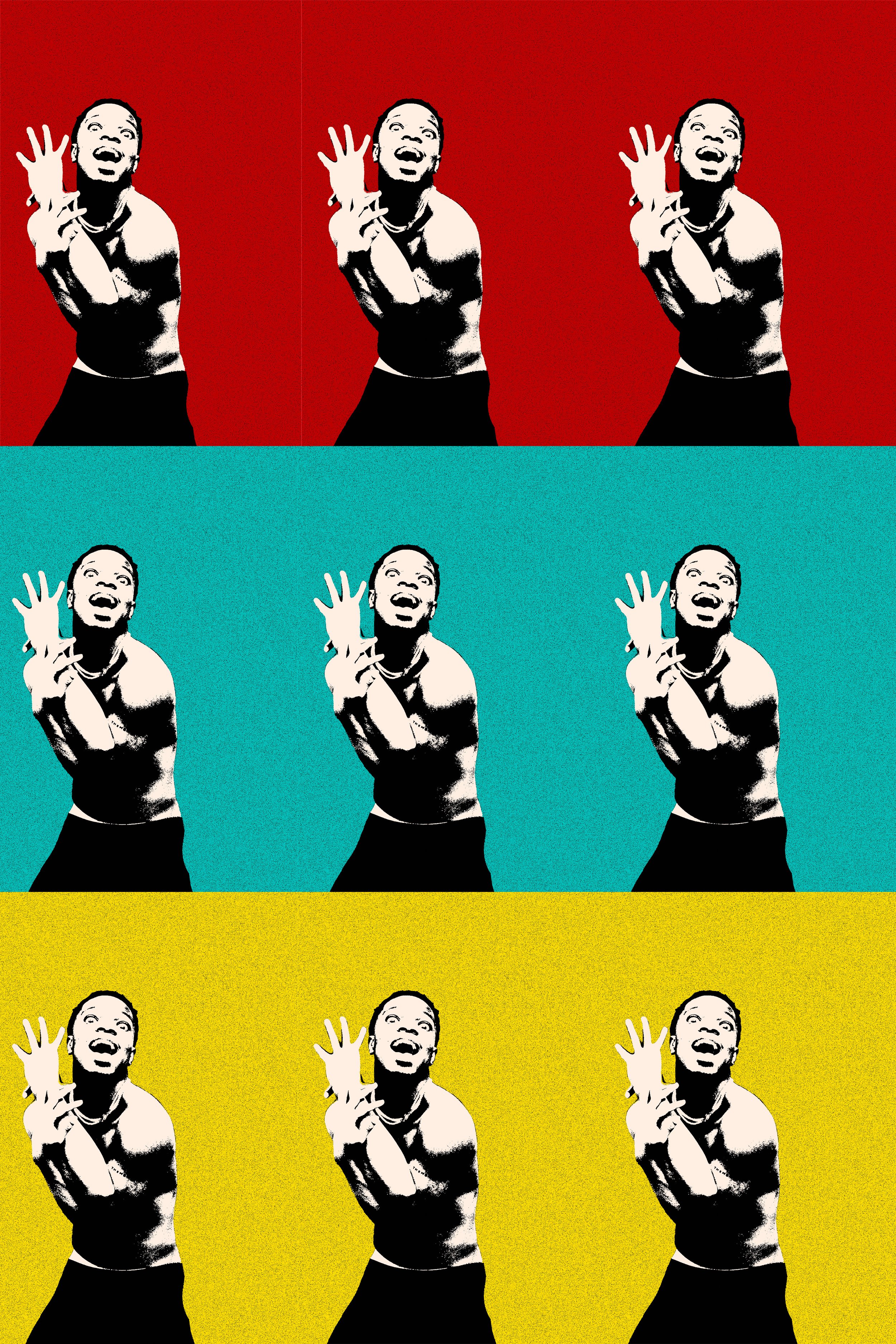 Pop art style of a woman with short hair, smiling and waving, repeated three times on each row with different background colors: red, turquoise, and yellow.