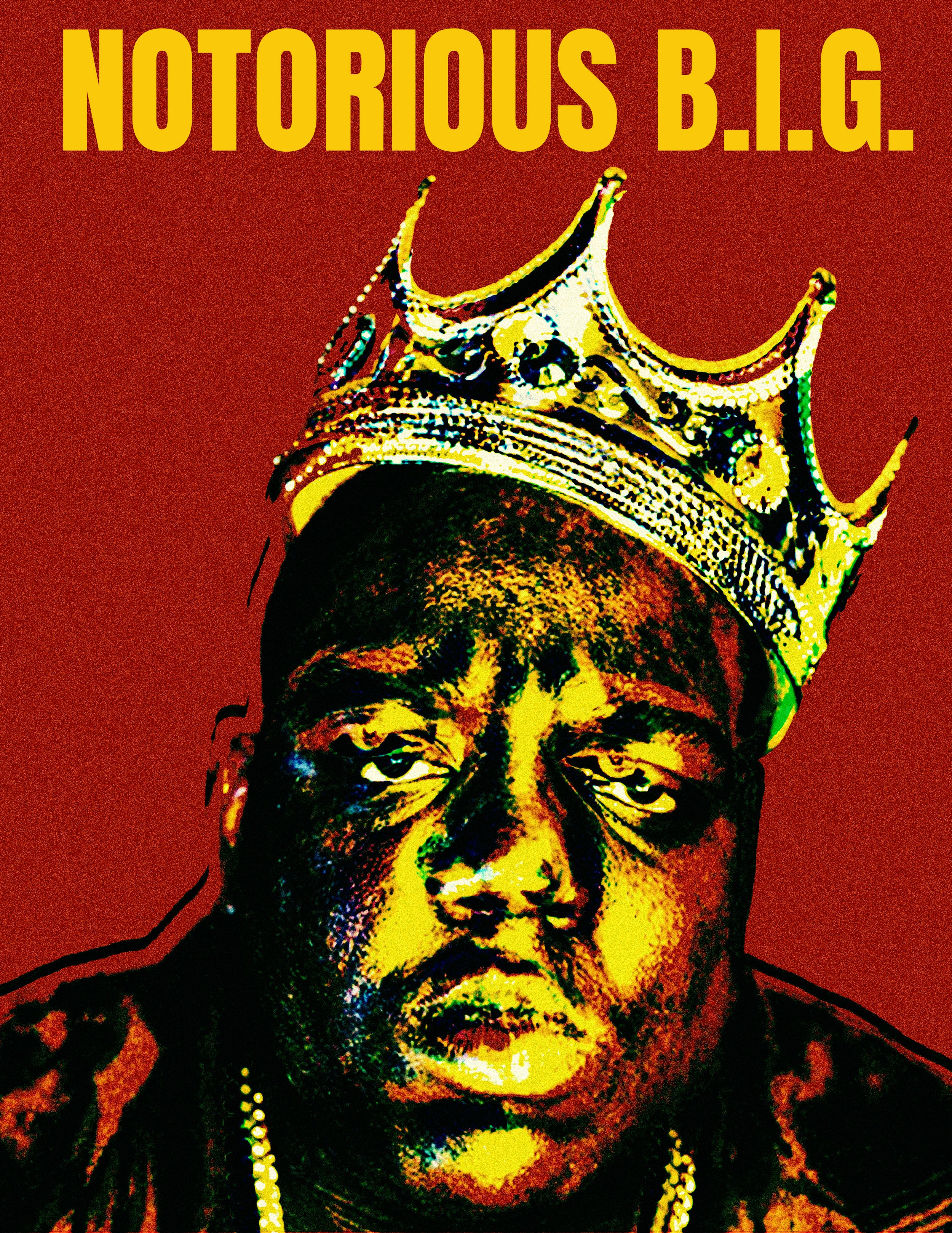 A stylized artistic portrait of a man with dreadlocks and jewelry, with the words 'NOTORIOUS B.I.G.' in large bold yellow letters at the top set against a red background.
