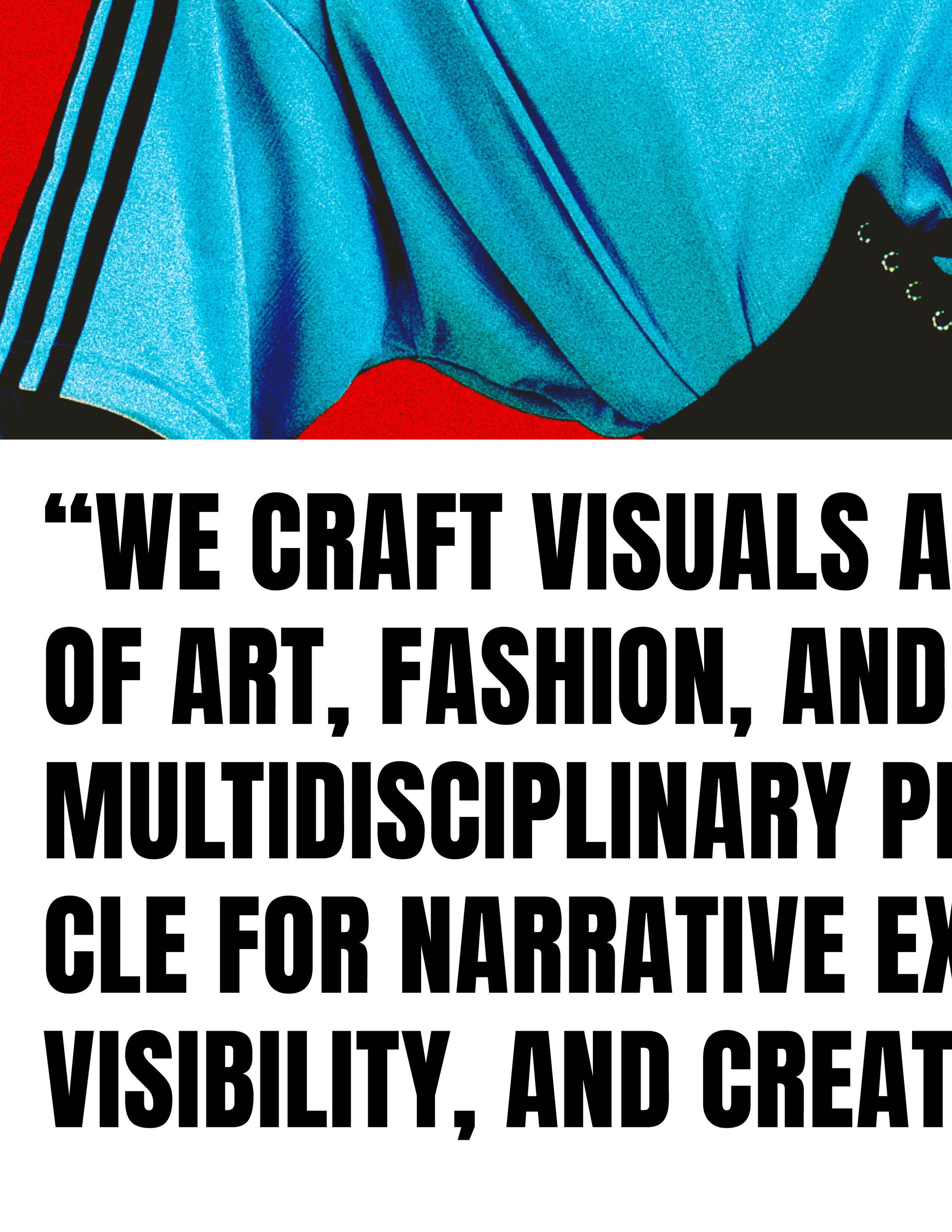 Close-up of a person wearing a light blue sports jacket with black and white stripes on the sleeves, with a red background.