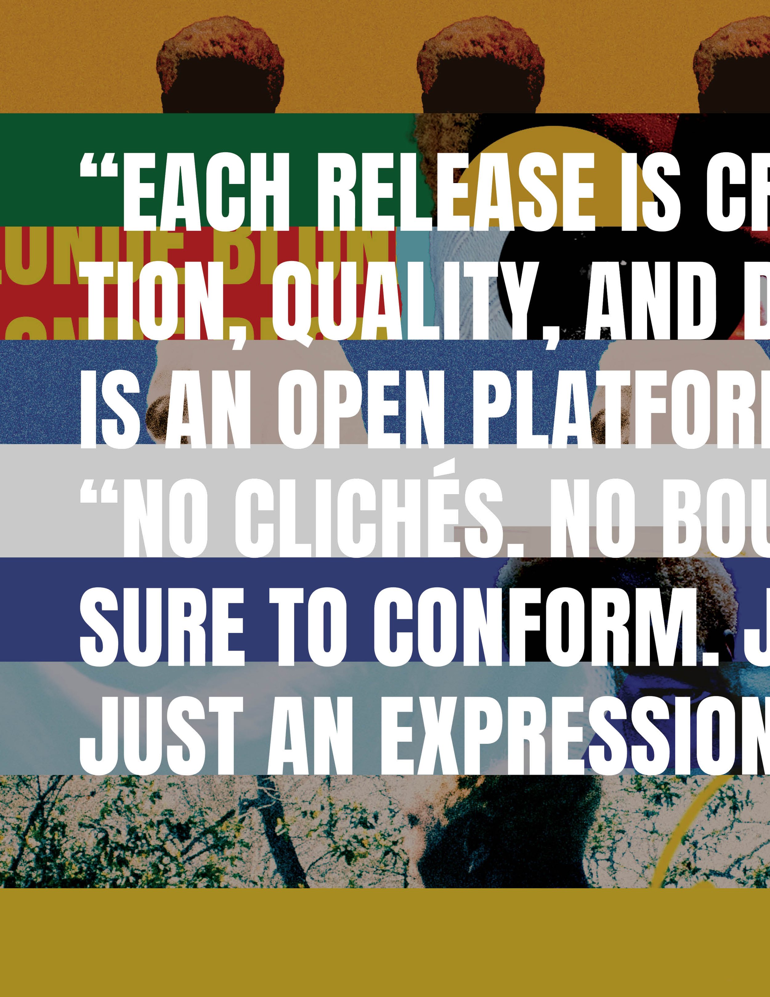 Colored text overlay on a background image of a person with curly hair and trees, displaying quotes about release and expression.