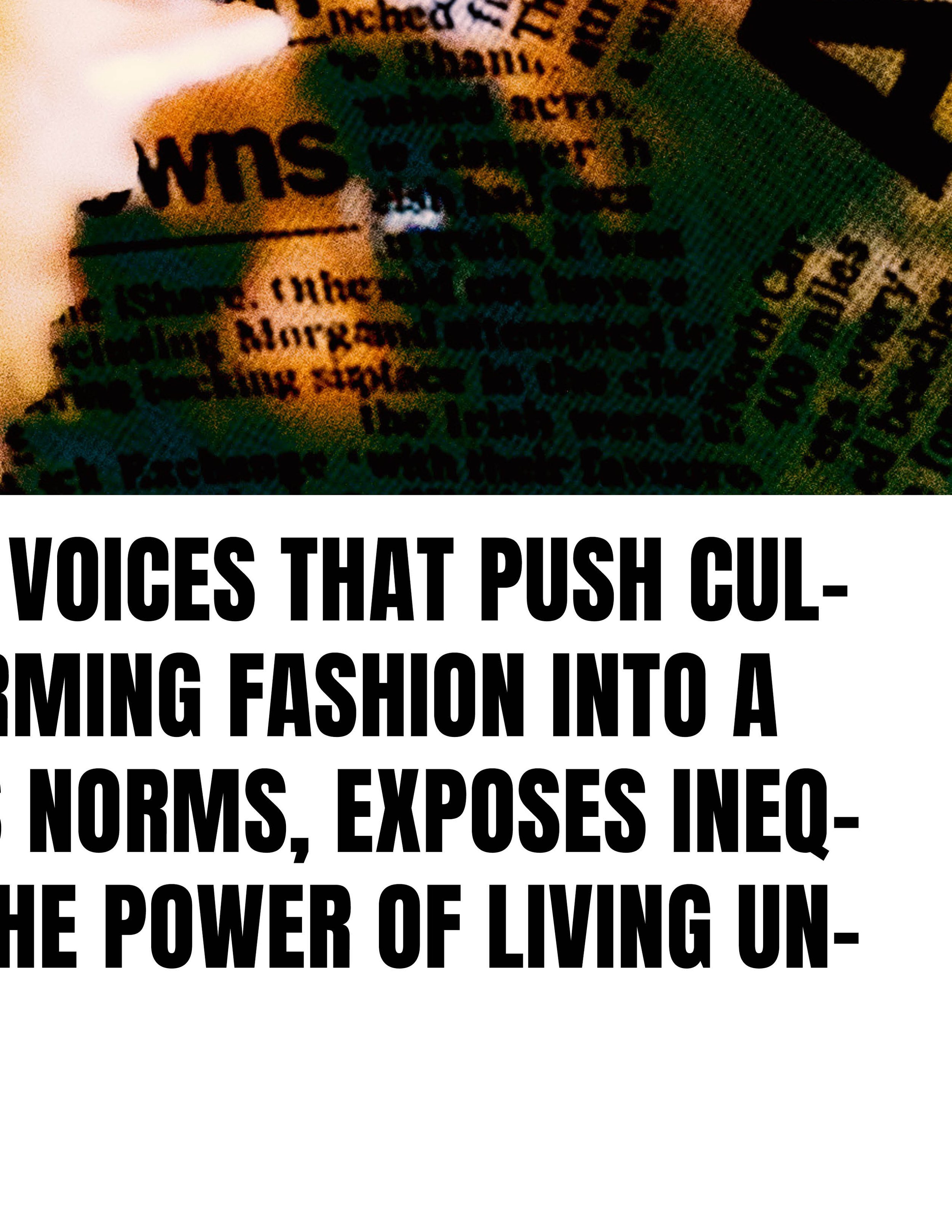 Close-up of a newspaper or magazine headline with bold black text that reads: "Voices that push cultural norms, exposes inequality of living".