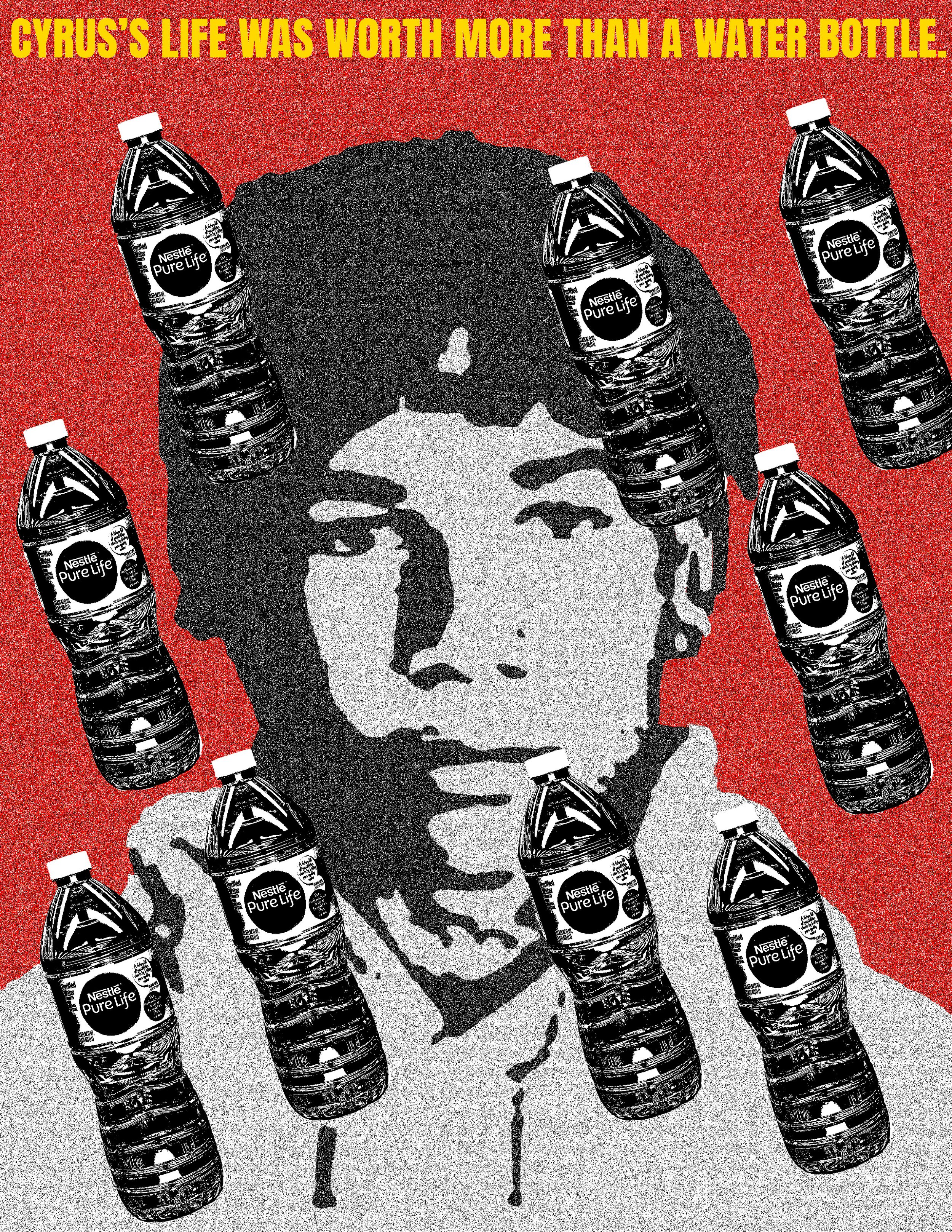 A stylized, high-contrast black-and-white image of a person's portrait with water bottles and a red background. The person appears to have medium-length hair and is holding their head with one hand. The text at the top in yellow reads: "CYRUS'S LIFE 